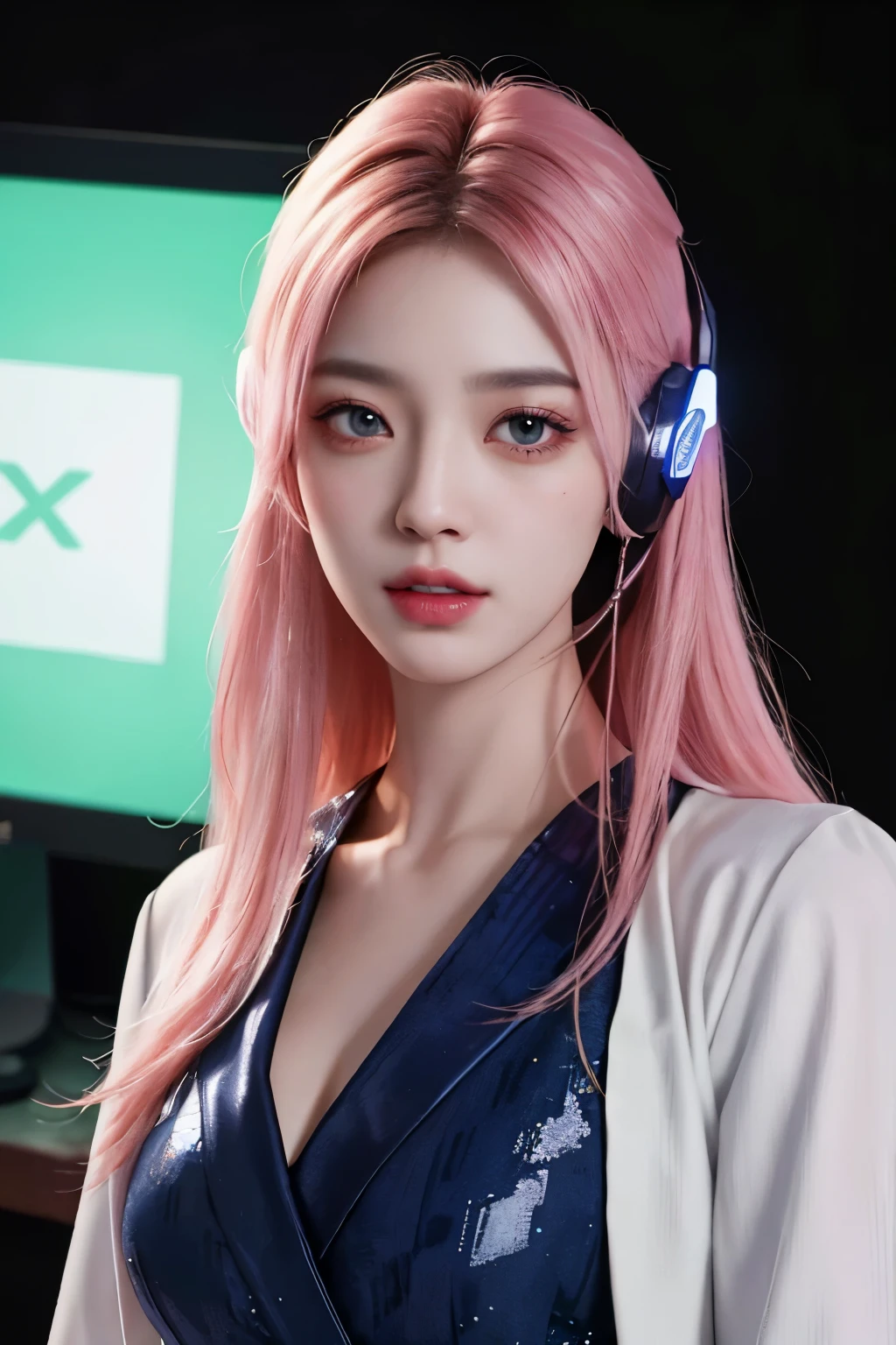masterpiece, 1 beautiful girl, Detailed eye, Swollen eyes, top-quality, 超A high resolution, (reality: 1.4), 电影灯光, japanes, a asian beauty, very extremely beautiful, Beautiful skins, A slender, Forward-facing body, (A hyper-realistic), (hight resolution), (8K), (ighly detailed), ( Best Illustration), (beautifully detailed eyes), (ultra-detailliert), 详细的脸, Bright lighting, Professional Lighting、The background is a cyberpunk room with many monitors..、The cord is connected from the costume、Hair color is dark indigo、head phone、headset on head、Female Game Commentator、full body Esbian、casual clothing、