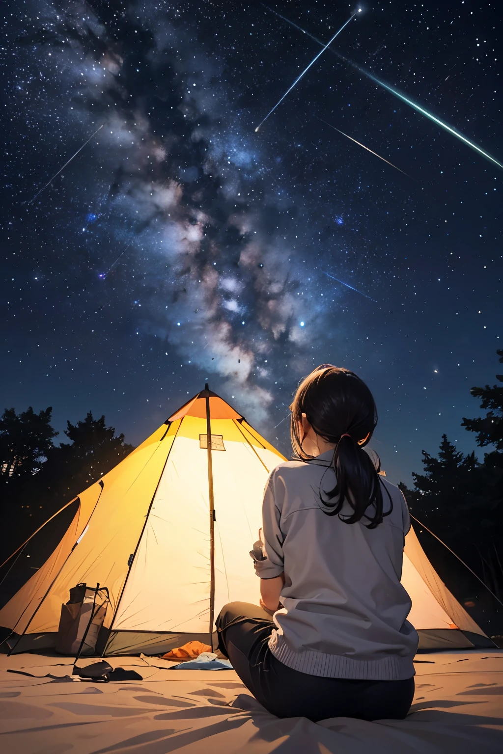 masterpiece, a man observing ( Orionid meteor shower), Orionid meteor shower, beautiful, woman, alone, camp, campファイヤー, looking at the Orionid meteor shower, from behind, from below, outdoor,