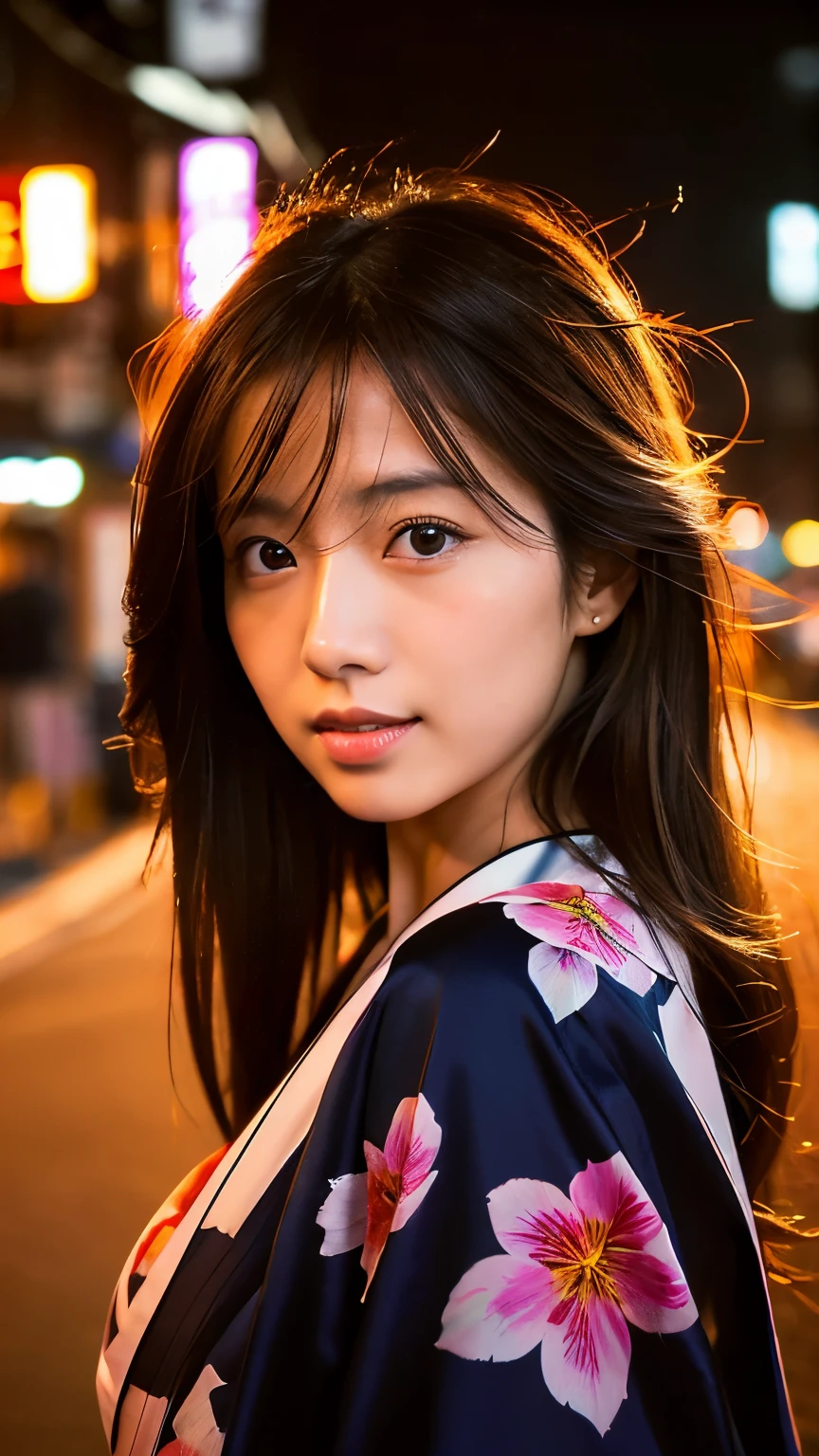 Beautiful Japanese supermodel woman, A lock of hair with slight highlights, black eyes, mixed media, Sexy,Japanese street background,bright kimono , Liquid color flows across her face, sunset,Photo by Satomi Ishihara