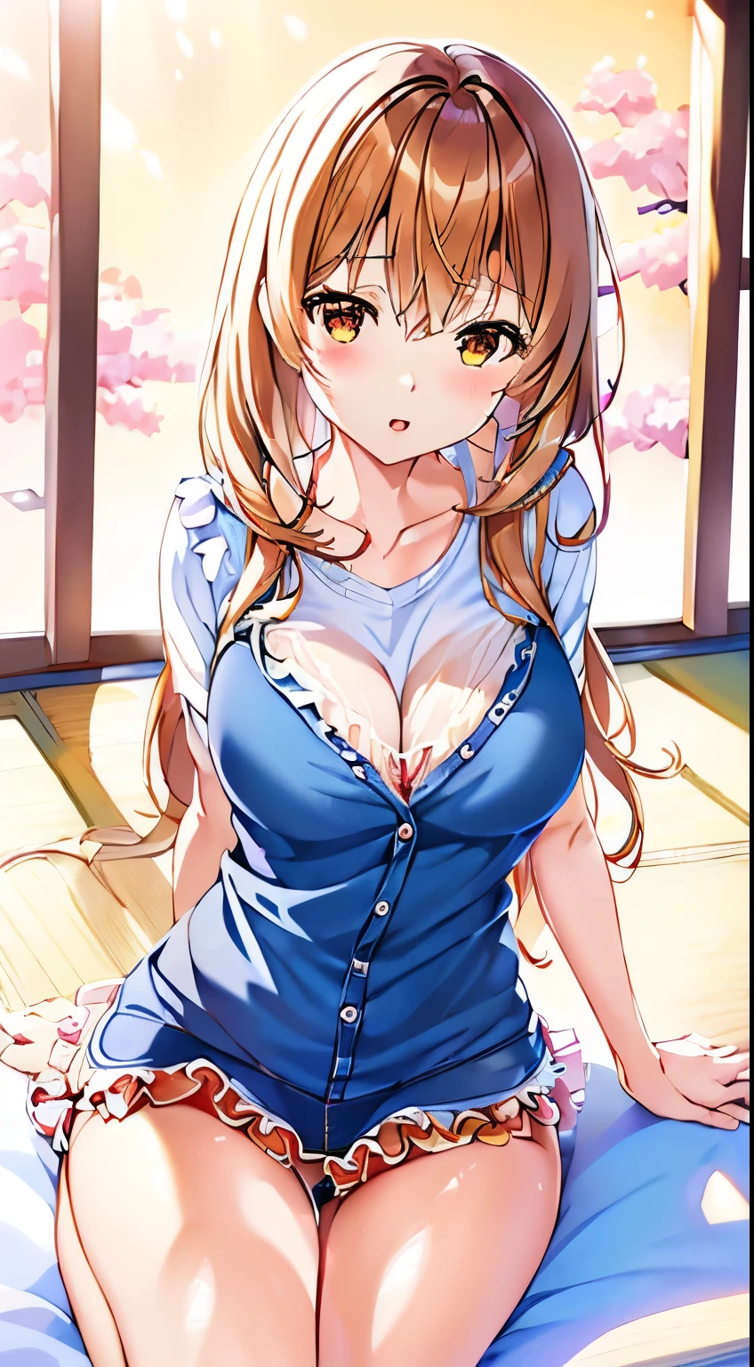 (highest quality))), ((super detailed)),katalina、 ((ion in illustr)), ((messy hair)), Short blouse、((frills)), Denim Super Mini Skirt、crawl on all fours、open your mouth、beautiful woman、beautiful breasts、spread legs、show whitepanties,Beautiful camel toe、(1 girl),(alone),brown hair,cowboy_shot, long hair anime girl, official art work, Official illustration, Yoshitomo Nara, anime goddess, official character art, harumi