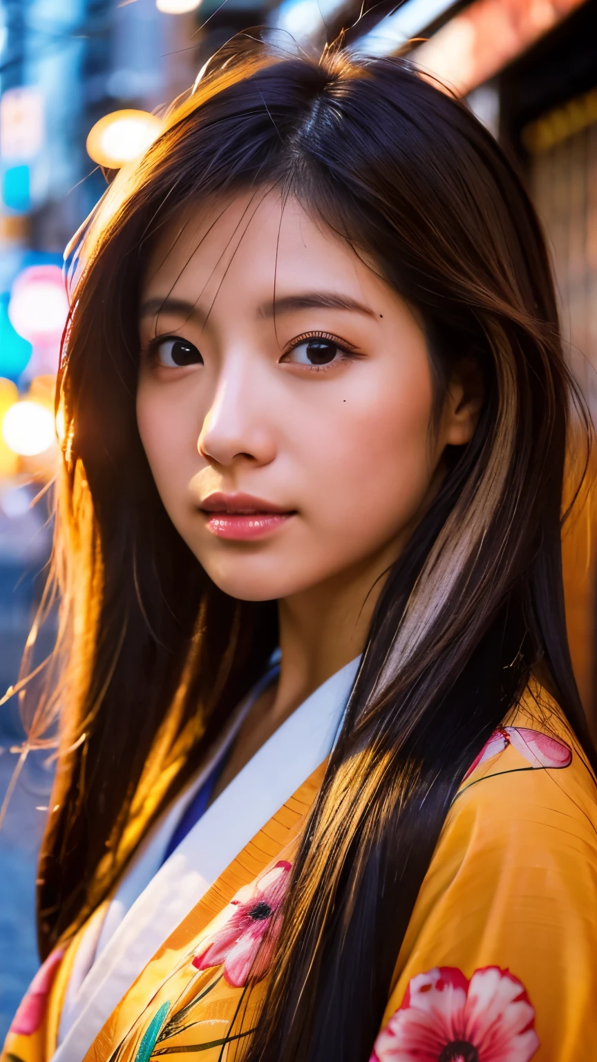 Beautiful Japanese supermodel woman, A lock of hair with slight highlights, black eyes, mixed media, Sexy，Japanese street background，bright kimono , Liquid color flows across her face, sunset，Photo by Satomi Ishihara