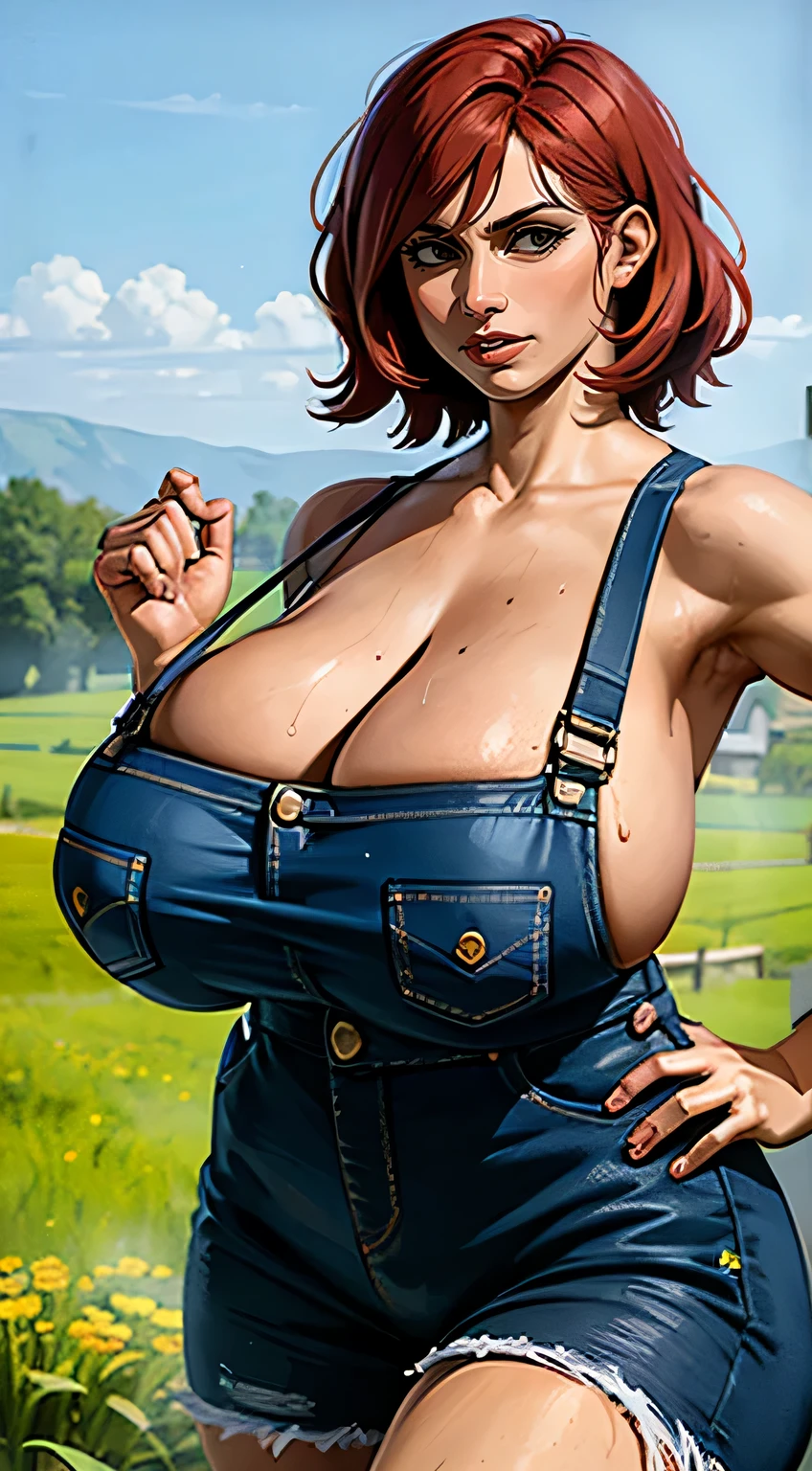 (wearing torn denim overalls, exposed breasts) , (masterpiece:1.2), (best quality:1.2), extremely detailed, (beautiful face), (perfect face), (perfect hands), (photorealistic:1.3), highres, short hair, cleavage, deep skin, outdoors, village, (massive breasts:1.2), (gigantic breasts:1.2), farmer, in field, farming,1 girl, Slim girl, Red hair, Brown eyes, ((black lipstick)), Front, Detailed face, Beautiful eyes,
