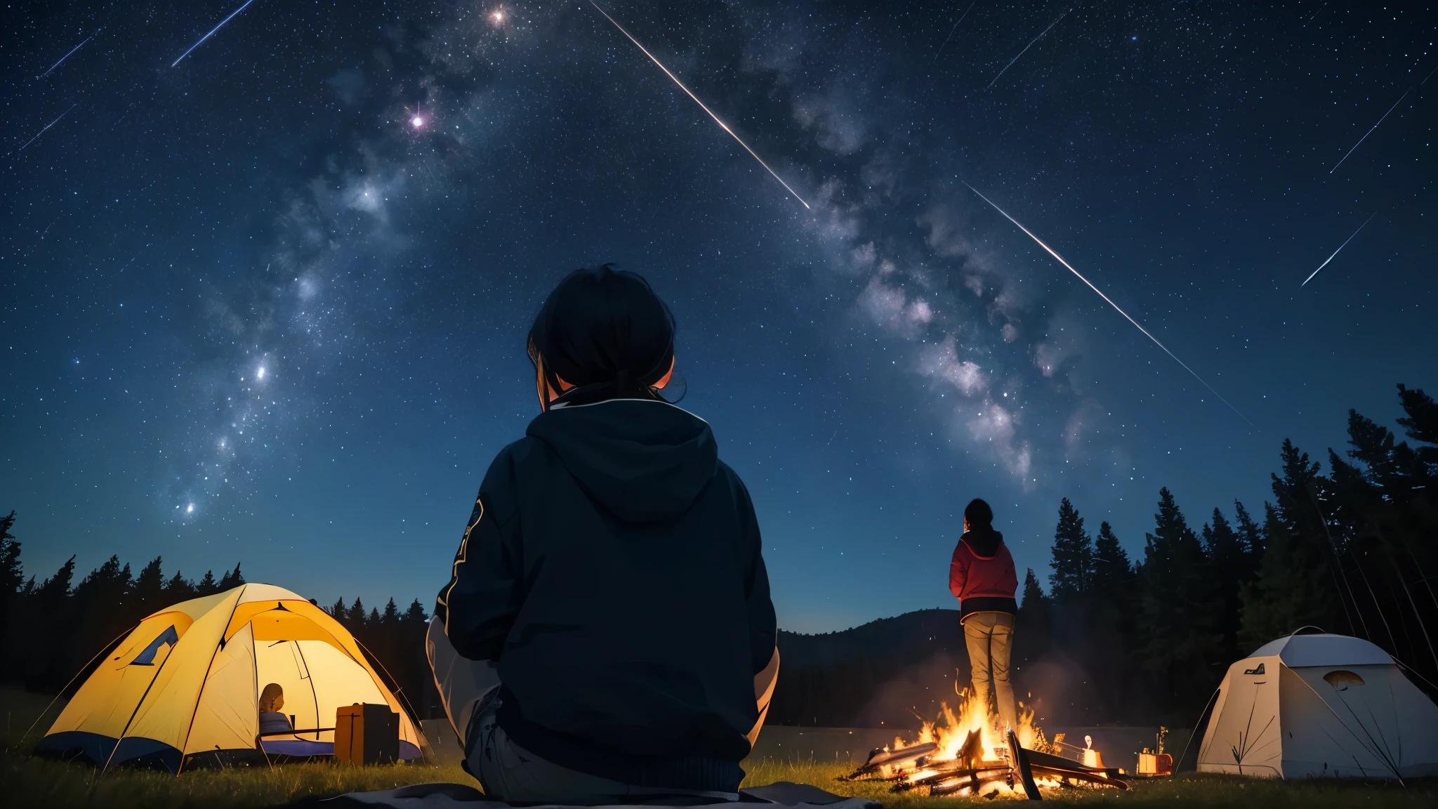 woman observing ( Orionid meteor shower),
Orionid meteor shower, beautiful,
woman, ((alone)), camp, bonfire,  looking at the Orionid meteor shower,
from behind, from below,
outdoor,