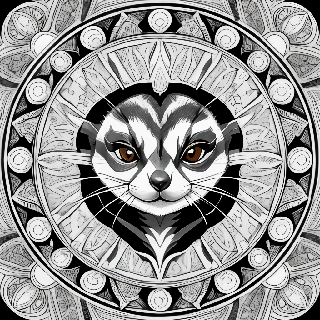 coloring pages, using only thin strokes, no painting, black and white (((drawing of a meerkat's face))) in a circular mandala frame, detailed meerkat in the middle, coloring pages, hyper detailed line art, fine line art, vector art in black and white, ink strokes, Intricate and bold, highly detailed and hypnotic illustration, Highly detailed line work, detailed line art, by the intricately detailed mandala. spaced so it can be colored, ((only spaces to color))