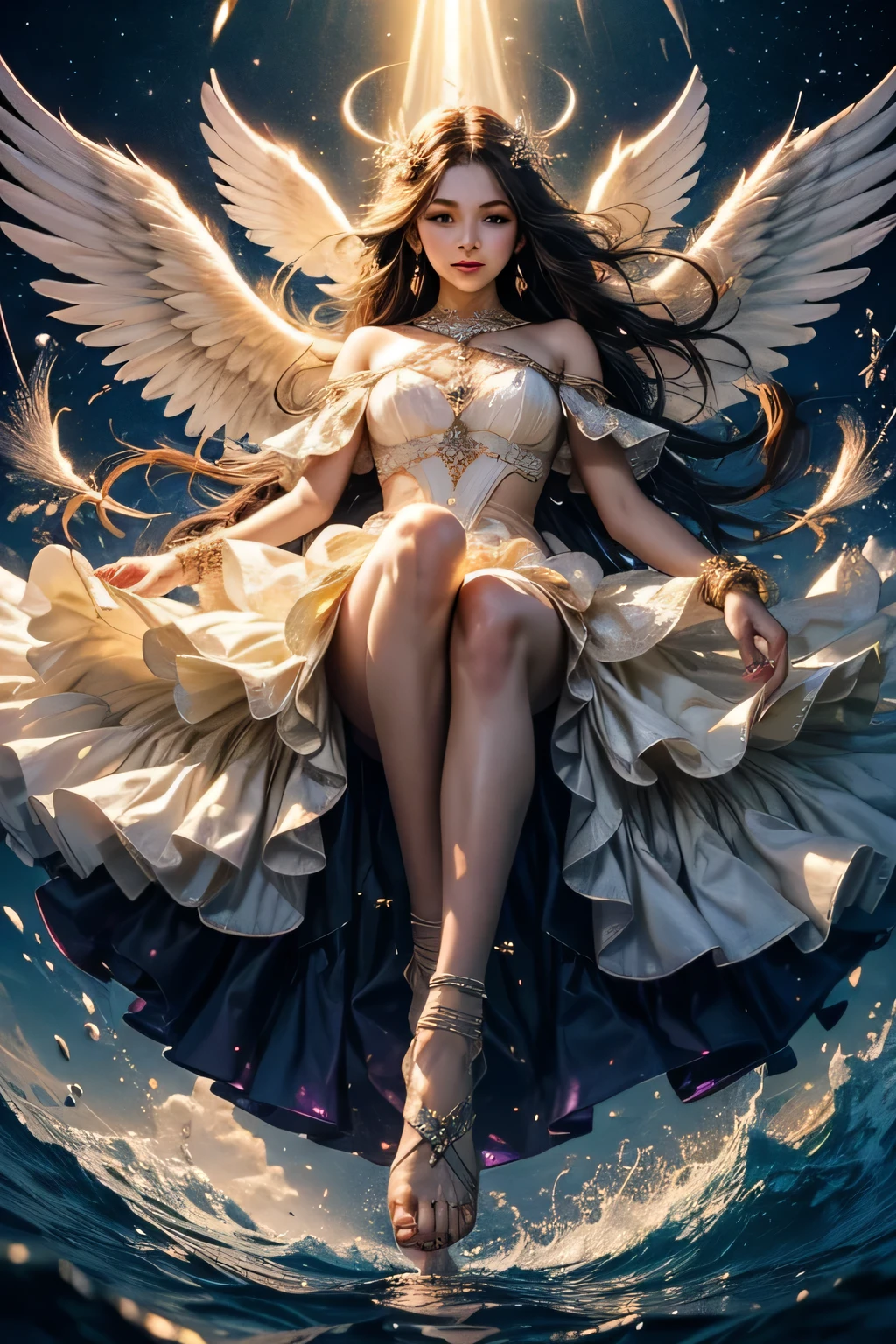 beautiful woman floating in the sky、beautiful feet、high nose、intellectual beauty、The world in a dream、A glittering world、wear ankle socks、angels are descending around me、Bright light shines in、