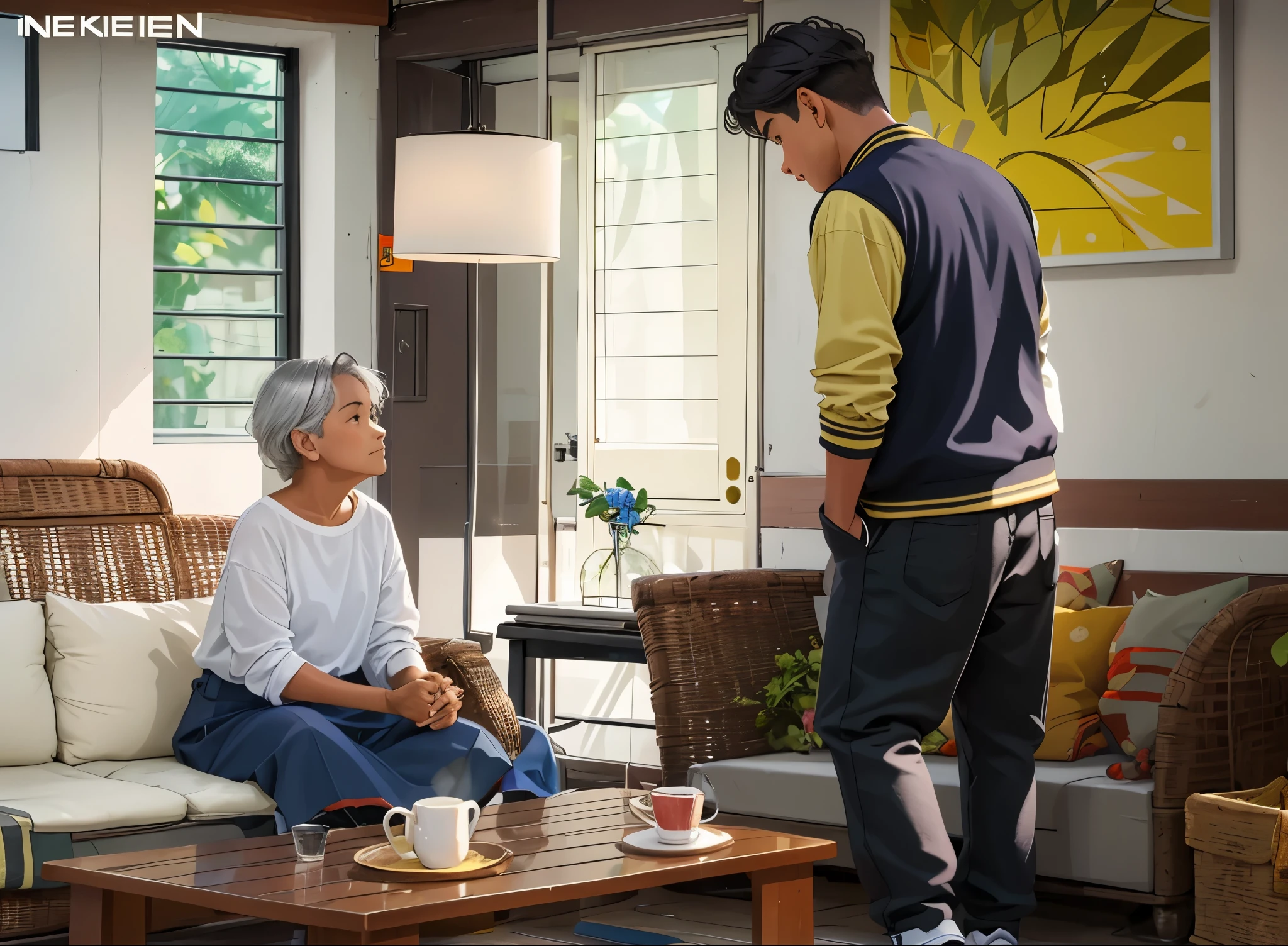 There is a 50-year-old woman sitting and a 15-year-old silver-haired boy comes to greet her., su casa es de color azul