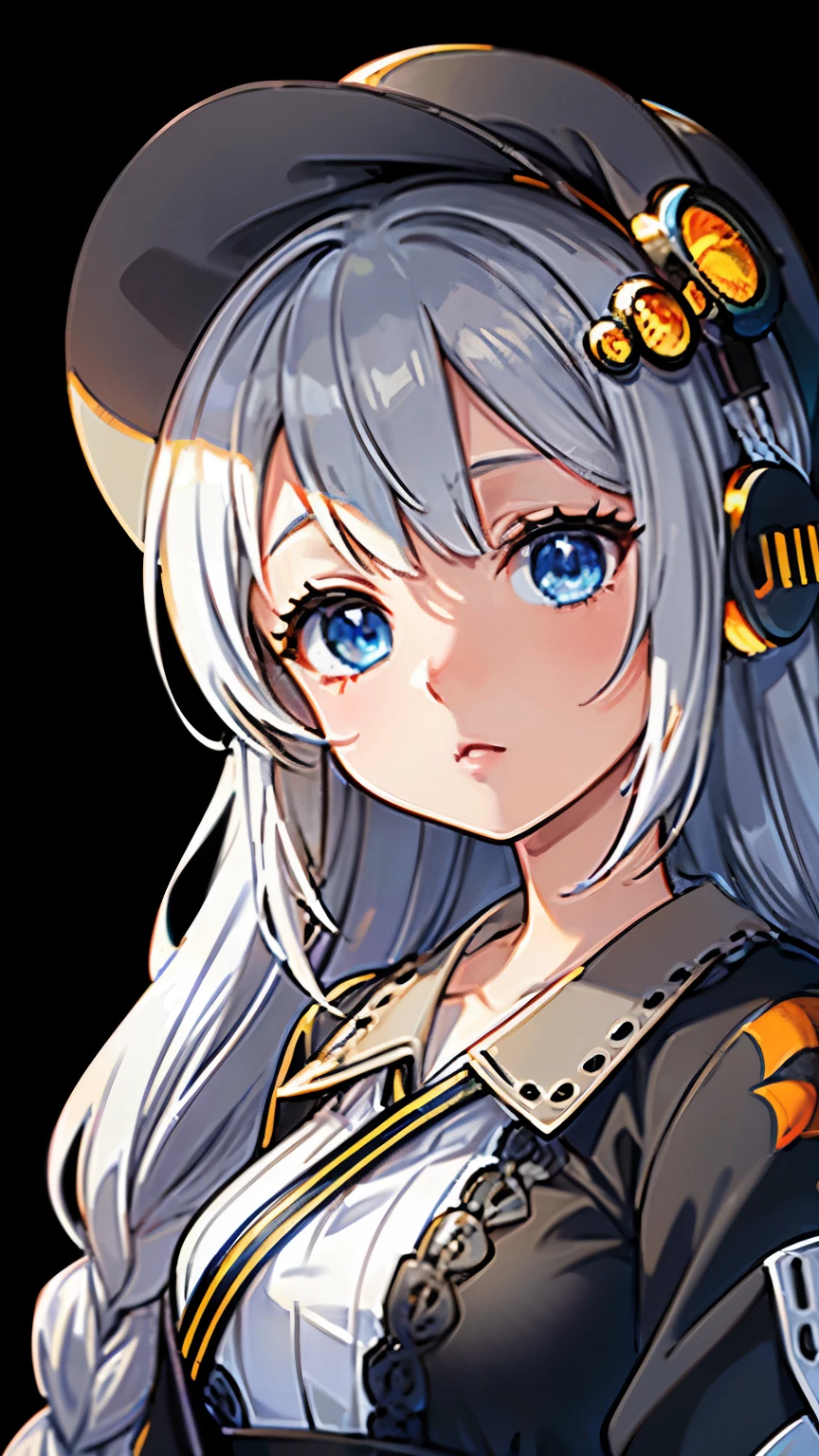 Vivid colors, ultra-realistic shading, ultra-detailed, spectacular view, beautiful transparency, ultra-high quality, extended, ((layer added 2.7)), vivid, ultra-bright colors 1.5, (high-definition CG unity 8k wallpaper: 1.3 ), beautiful ultra-sensitive art concept illustration, center color: 1.2 , nsfw, (logic frenzy), [ultra-detailed skin], glossy light, lens flare 1.7, (backlight 0.9), Extremely close-up, slight bokeh , 1 girl, 1, k((((Akari Kizuna), (VOCALOID 1.2), (silver hair 1.2), (very long hair), (big braids 1.8), (round hair ornament), (blue eyes ), (eyeline 1.2)))), wearing a hat (cap), big black jacket, beautiful big eyes, sparkling eyes, asking a question
