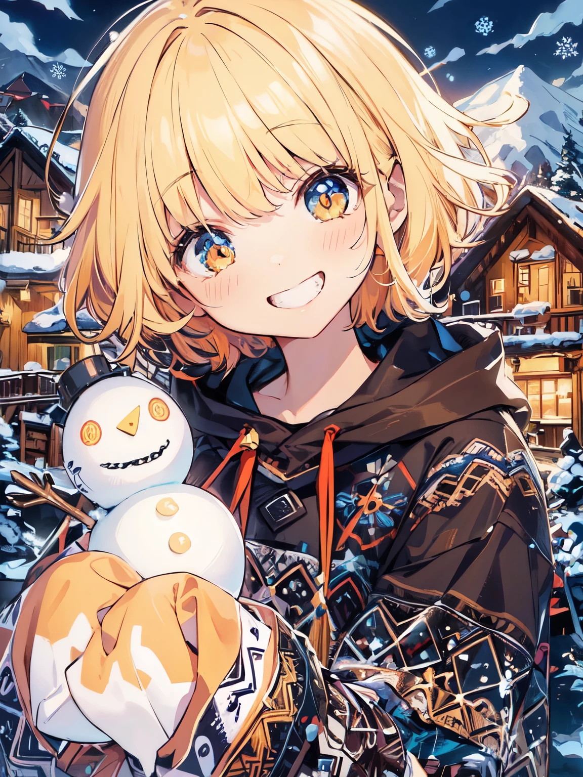 High-resolution digital art showcasing a character in a winter setting, with a crisp and detailed style, using a bright and cheerful color palette BREAK A close-up, frontal angle capturing the character's face and the snowman, with a picturesque winter village in the background BREAK A joyful character with blonde hair and sparkling eyes reflecting a winter landscape, wearing a vividly patterned orange jacket, holding a small snowman BREAK A quaint alpine village with cozy snow-covered houses, nestled among snowy mountains under a clear blue sky, evoking a serene, festive winter atmosphere.