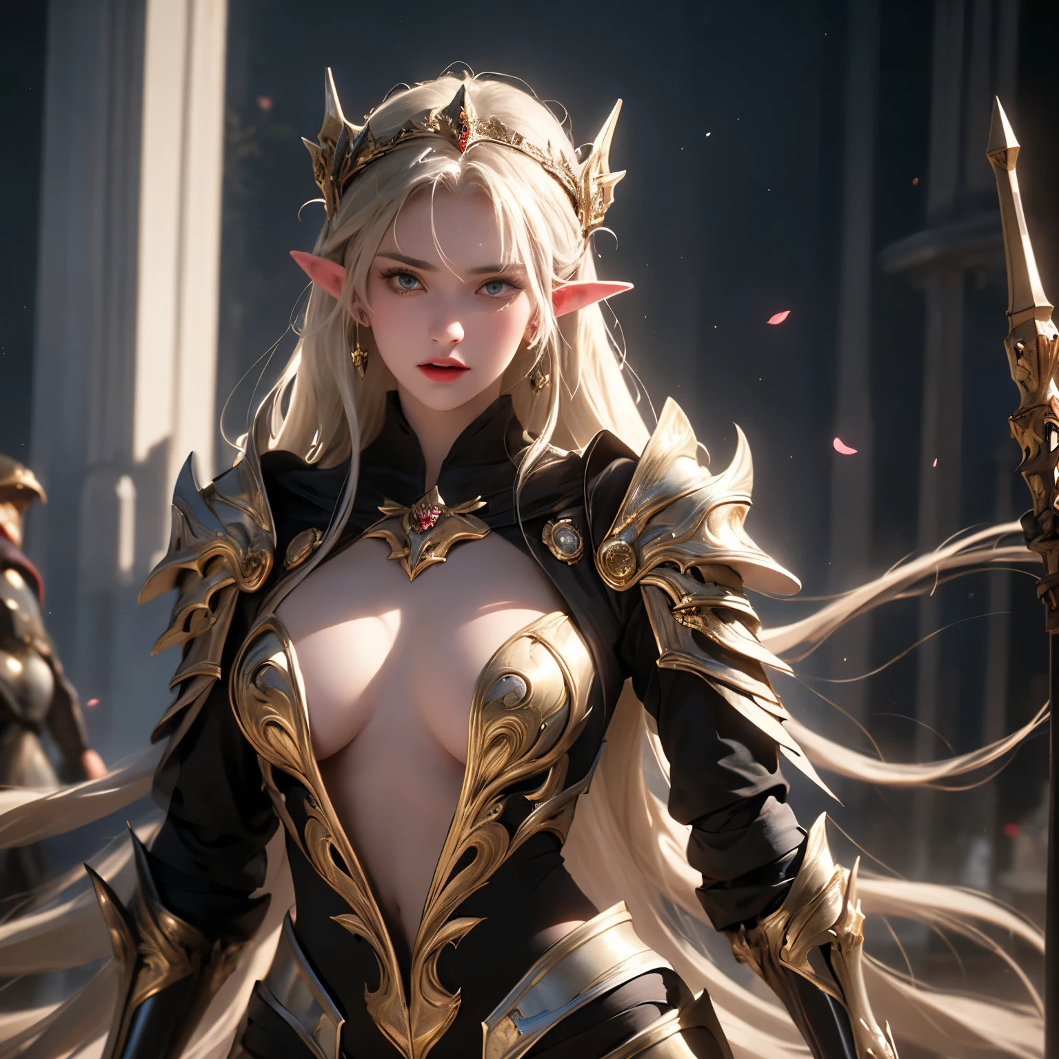 there is a woman dressed in a white and black outfit, elfo , elfo  princess, drow perfeito, drow, lindo drow, beautiful drow masculino, elfo  maiden, fedrow feminino elfa, beautiful elfo  countess, hahaha, Cavaleiro da morte, Ranger Drow, de um elfa feminina maligna, olhar maligno, maldade, terror, WHITE amor, raiva, hatred, nervosa, RAIVOSA, (), WHITE ARMOR, GOLDEN ARMOR, expression of fury, CABELOS VERMELHOS.