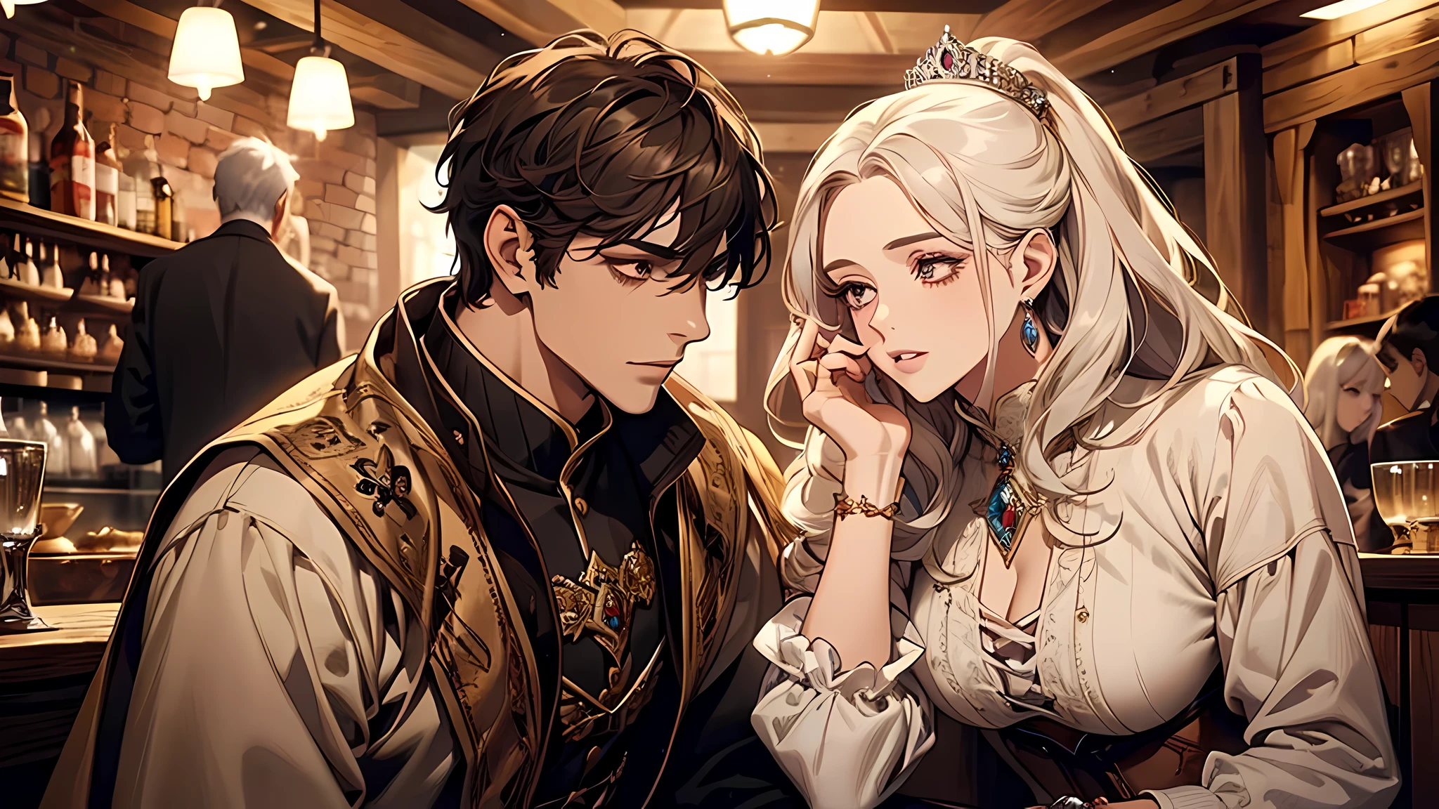 man and woman, couple, prince and princess, man in brown hair, woman in white hair, beautiful face, detailed face, plump lips, detailed nose, detailed eyes, medieval times, in a tavern