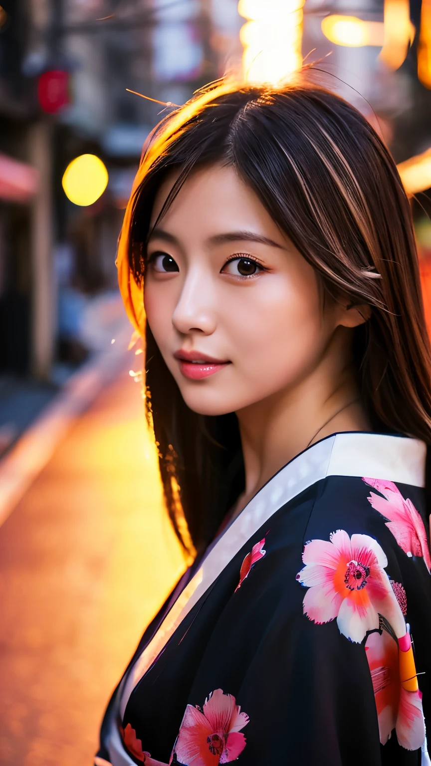 Beautiful Japanese supermodel woman, A lock of hair with slight highlights, black eyes, mixed media, Sexy,Japanese street background,bright kimono , Liquid color flows across her face, sunset,Photo by Satomi Ishihara