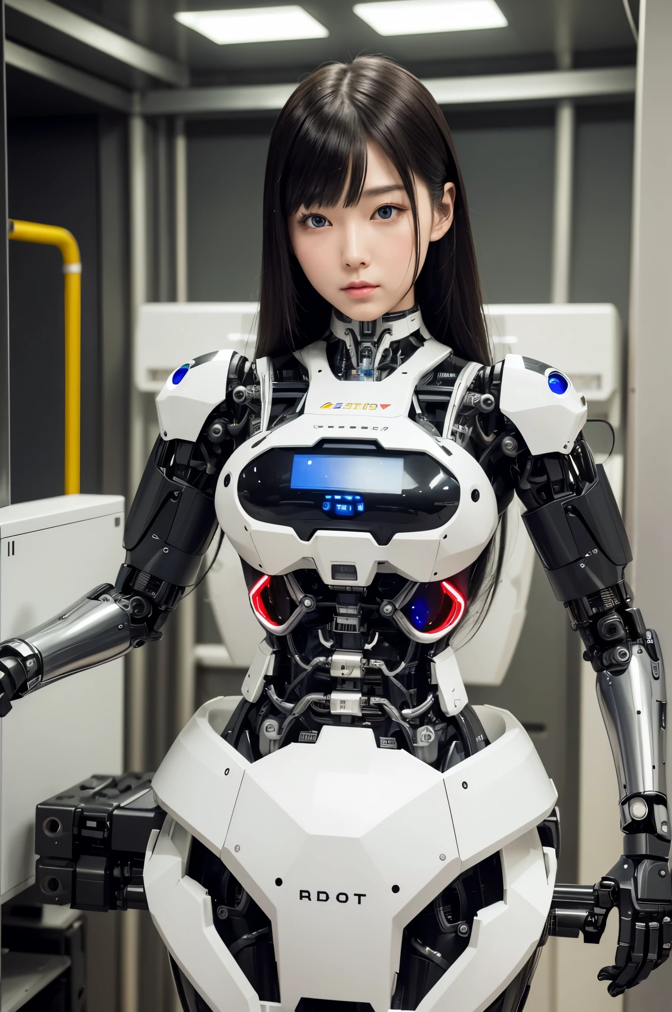 masterpiece, best quality, extremely detailed, Japaese Cyborg girl,Plump , control panels,android,Droid,Mechanical Hand, Robot arms and legs, Black Robot Parts,Black hair,Mechanical body,Blunt bangs,White robotics parts,perfect robot girl,long tube,thick cable connected her neck,ceramic body ,mechanical body, mechanical ear cover, mechanical costume,android,robot,humanoid,cyborg,japanese android woman ,mechanical chest,full eyes,future laboratory,connecting a cable between the legs,blue eyes