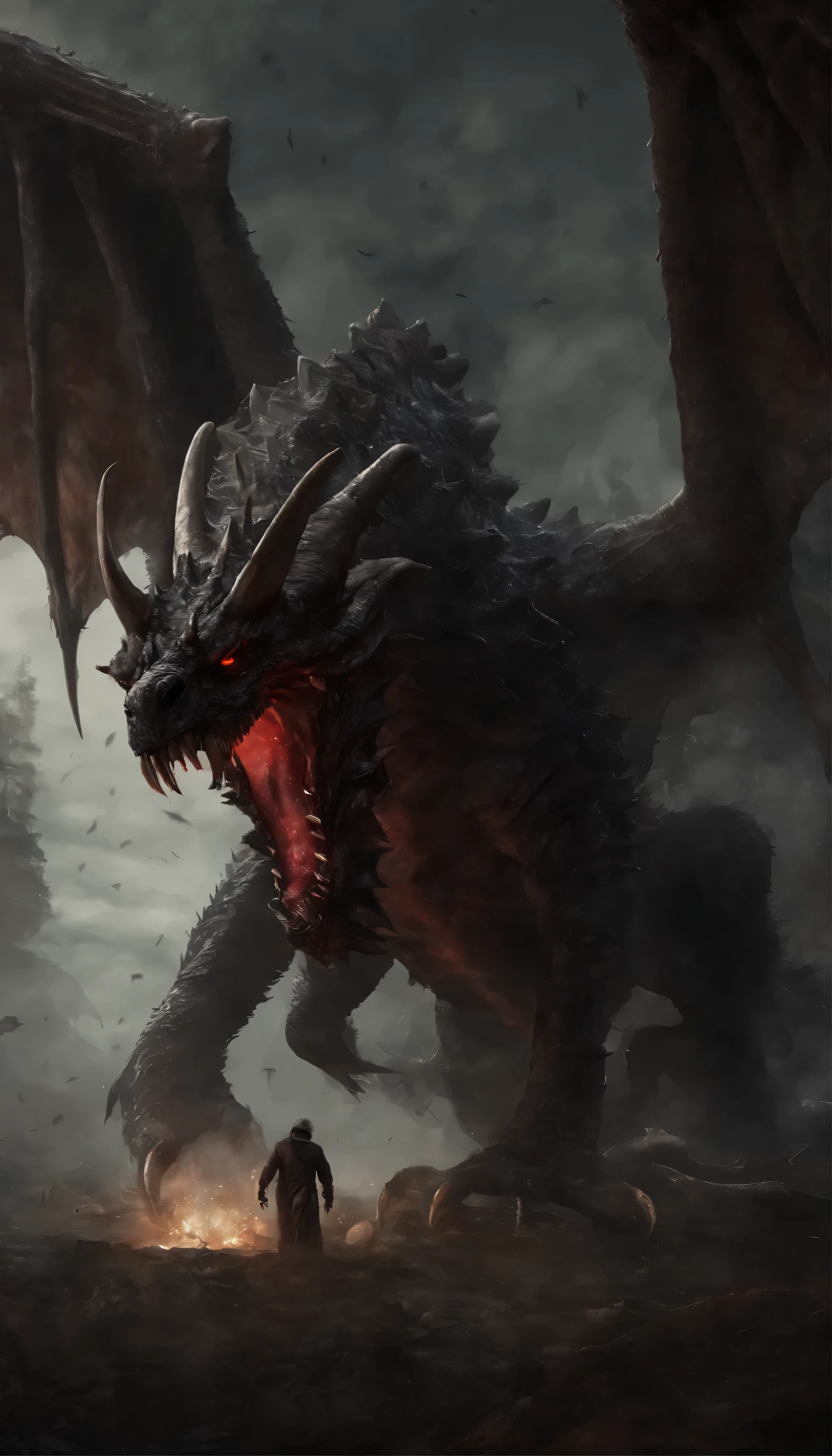 Draw a demonic creature with a strong, bloody face and bloody head, A huge dragon,There are a pair of huge dragon wings growing on their backs,Gigantic body,Huge tail with bone spurs,Science fiction horror art, sci-fi horror artwork, inspired by Aleksi Briclot, Fangs of the slaughter, horror fantasy art, Alexis Bricklot(Alexis Bricklot), horror concept art, veneno, Fantasy and horror art, Detailed illustration of 4K horror, demonic creature, dark fantasy horror art