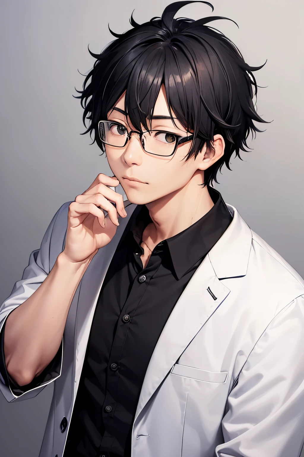 A 34 years old Japanese man,(( black very messy bedhead)), very short hair, black square eye glasses, gray round eyes, wear a white coat, black dress pants, an engagement ring with his left ring finger, clear face and closed mouth , small freckles, calm atmosphere