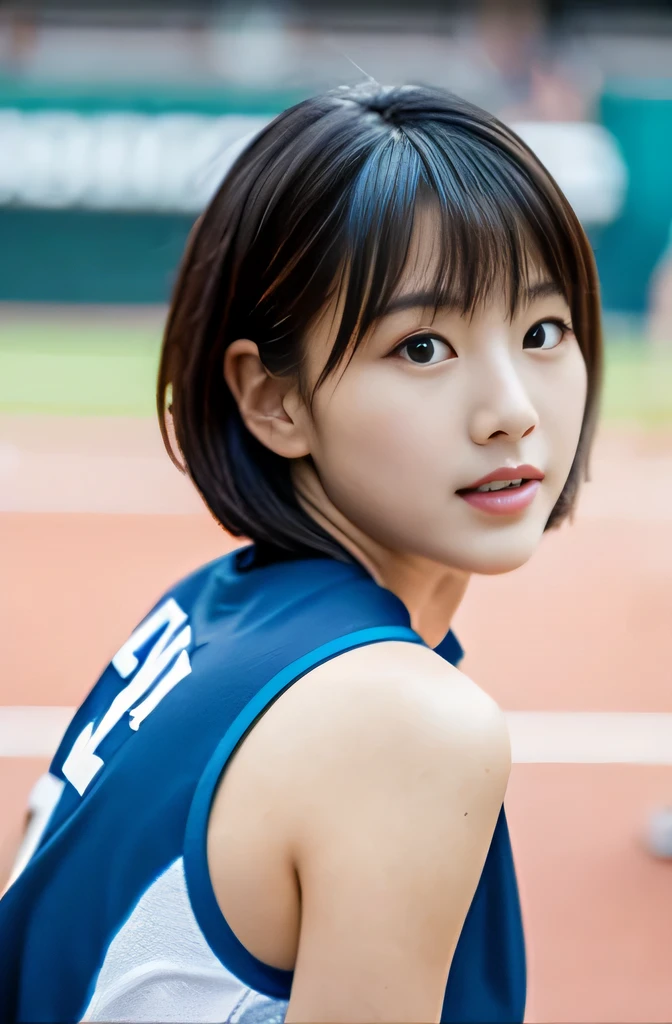 table top, highest quality, shape, Super detailed, finely, High resolution, 8k wallpaper, 完璧なダイナミックな構shape,Beautiful woman at 30 years old,sexy,Japanese、short cut hair、athletics stadium