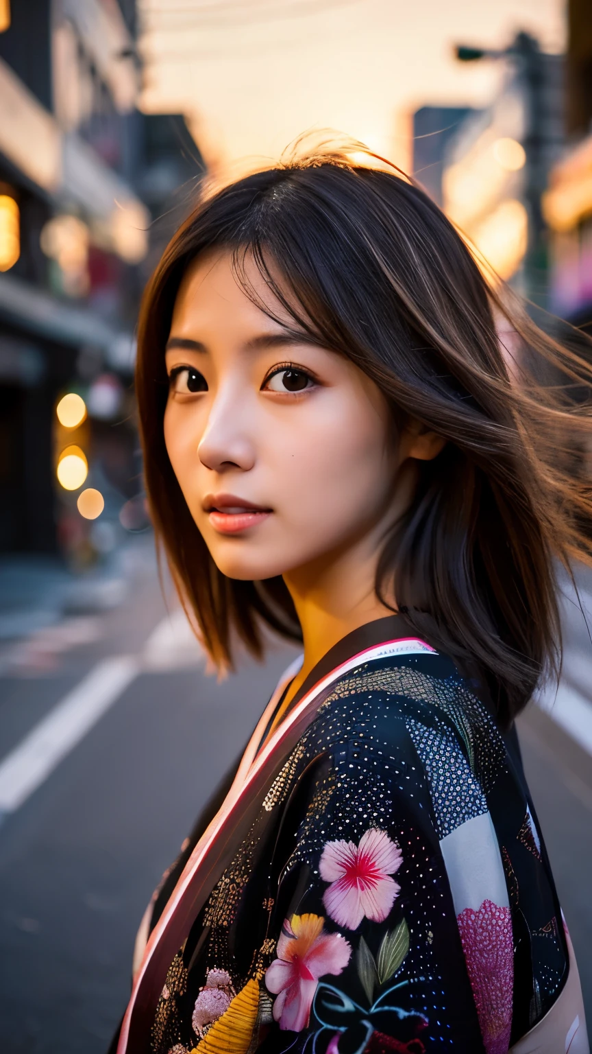 Beautiful Japanese supermodel woman, A lock of hair with slight highlights, black eyes, mixed media, Sexy，Japanese street background，bright kimono , Liquid color flows across her face, sunset，Photo by Satomi Ishihara