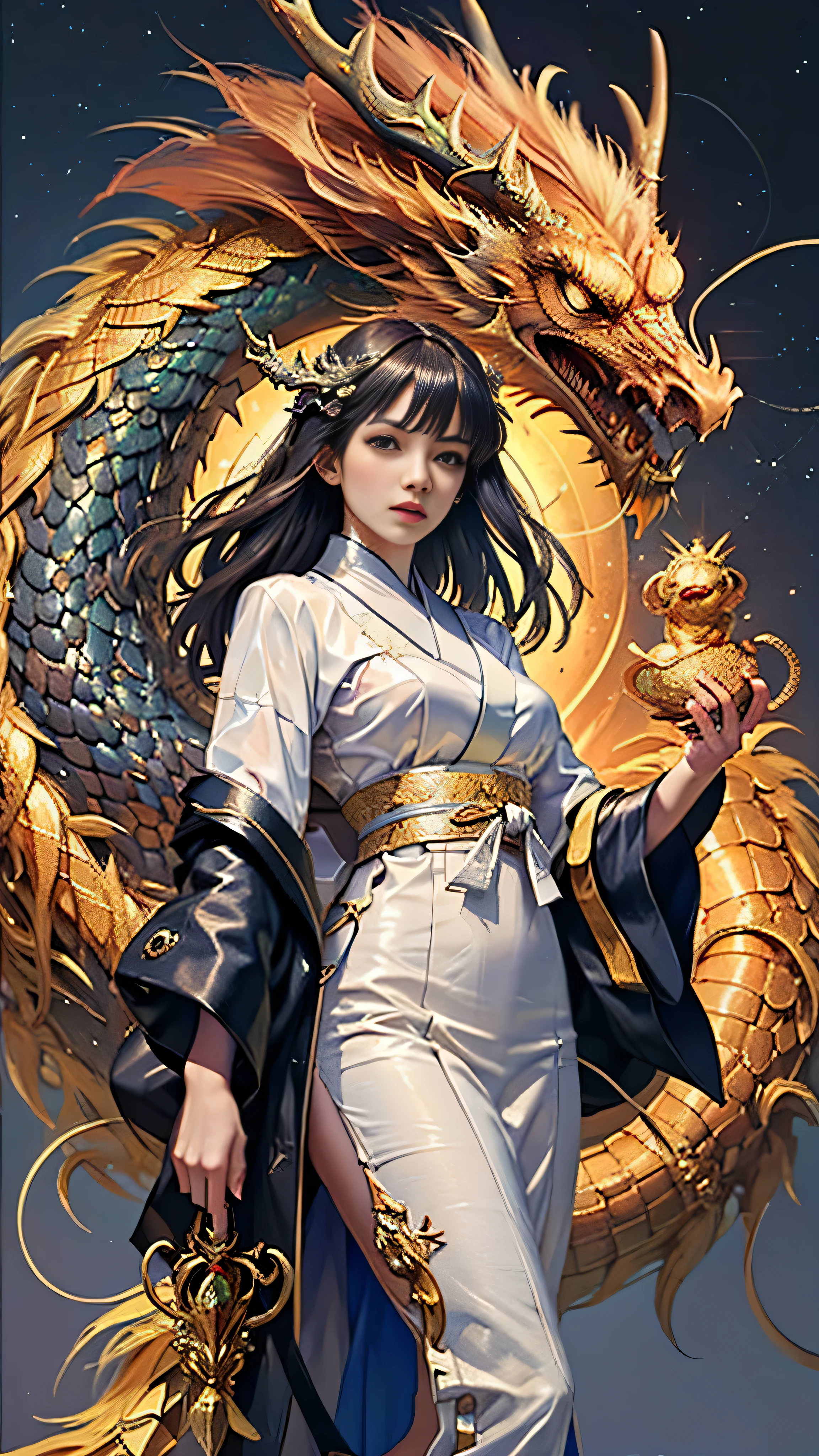 masterpiece,best quality,realistically,lifelike,The painting depicts a woman standing next to a dragon,The background is an incomparably vast starry sky,charming and realistic portraits are used throughout the painting(Style kawaii realistic portrait),and has dark blue eyes。Long hair is elegant and cute(charming:2)。The entire painting displays excellent realism and detail(photorreal details),Ray tracing,Rich in details,Close-up of woman and dragon in hanfu,dragon girl的肖像,robe with dragon pattern,asian girl,long flowing black hair,dragon girl,Dragon in the background,golden dragon,Hanging ornaments,Chinese fantasy