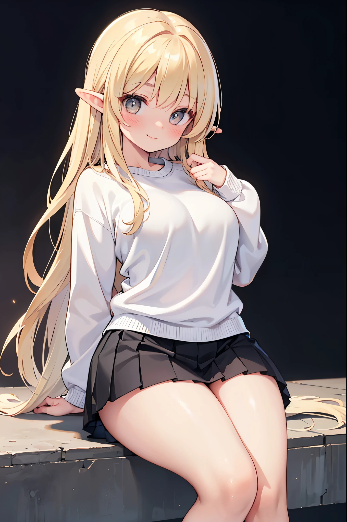 realistic image, coherent image, detailed image, 1 beautiful elf, She has long, silky, straight blonde hair, golden colored eyes, her face is oval and delicate, Blushing, smiling, She is wearing a sweatshirt, pleated mini skirt, sneakers moccasins, She has a curvy body, medium breasts, thick thighs, shy pose, black background,
