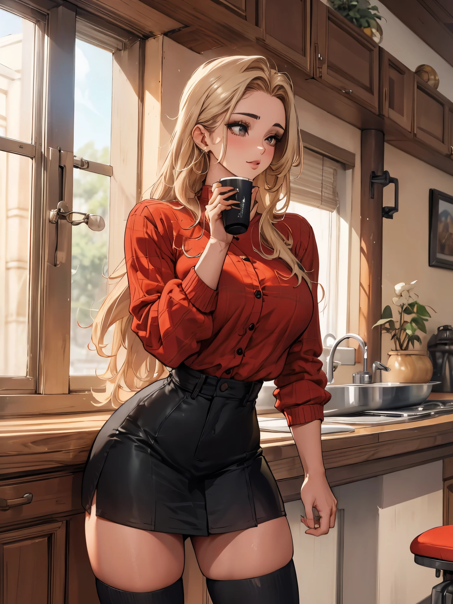 dentro de casa, retrato, a 25-year-old woman in profile holding a cup of coffee blowing smoke at her face, Cardigan de malha cropped preto com decote, bras:1, dark red short skirt with black checkered pattern, Black knee-length suede boots, apoiada com os brass em uma janela do escritório, bunda empinada doggystyle de perfil, corpo fitness, bunda grande, cabelos longos, cabelos brancos, seios grandes
