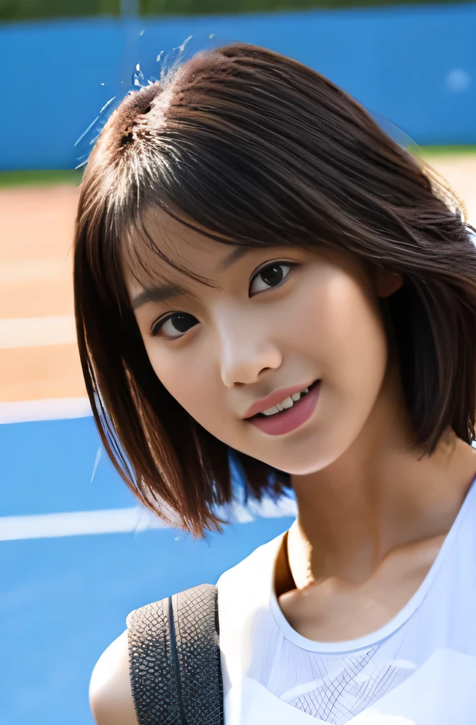 table top, highest quality, shape, Super detailed, finely, High resolution, 8k wallpaper, 完璧なダイナミックな構shape,Beautiful woman at 30 years old,sexy,Japanese、short cut hair、Tennis court