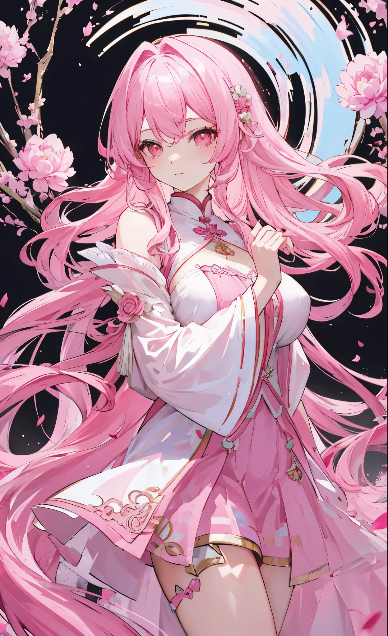 Pink peonies for decoration,Long light pink hair,Dark pink and white clothes,Fairy Sister of Hehuan Sect,A crazy beauty who knows how to whip slaves!