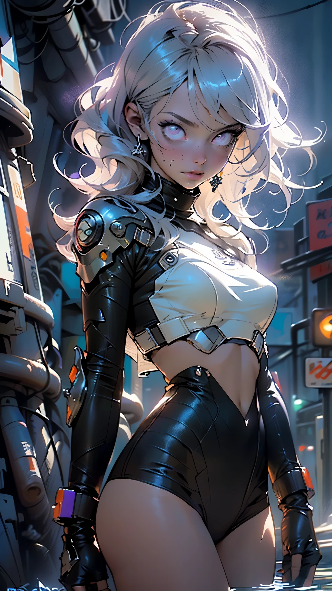 girl hacker,(((1girl))),((girl with extremely cute and beautiful silver hair)),
(large breasts:1.4),saggy breasts,(((silver hair:1.35,straight hair,long hair:1.4,colored inner hair,ear breathing))),(((eyes_blue:1.3))),intricate eyes,beautiful detailed eyes,symmetrical eyes,((fat)),((((pale skin,lustrous skin:1.5,bright skin: 1.5,shiny skin,very shiny skin,shiny body,plastic glitter skin,exaggerated shiny skin,shiny skin like ebony,illuminated skin,wet legs))),(spider lower abdomen,narrow waist,wide hip,athletic body,inflated legs, thick thighs,detailed body,(detailed face)),
cute,slutty,seductive,erotic,(nsfw),
zettai ryouiki,revealing clothing,show skin,((hacker outfit,visible thong straps)),((underpants strap)),(wearing a hacker outfit:1.3,hacker clothes),((wet clothes,intricate outfit,intricate clothes)),
(dynamic pose:1.0),solo focus,((evil smile,evil look)),(centered,scale to fit dimensions,Rule of thirds),
cyberpunk city by the ocean at night, with bright neon signs and dark stormy clouds and puddles, scenery:1.25,nighttime, starry night, cosmos,Very dark night that makes the neon lights stand out, very bright neon lights,nighttime, starry night, cosmos,
artistic photography,(photography taken by sldr),highres, sharp focus,(ultra detailed, extremely detailed), (photorealistic artwork:1.37),(extremely detailed CG unity 8k wallpaper),((synthwave background theme)),(((vibrant colors))),intricate,(intricate background),(masterpiece),(best quality),perfect rendered face,perfect face details,realistic face,photo realistic,analog style,((intricate detail)),(((realism))),