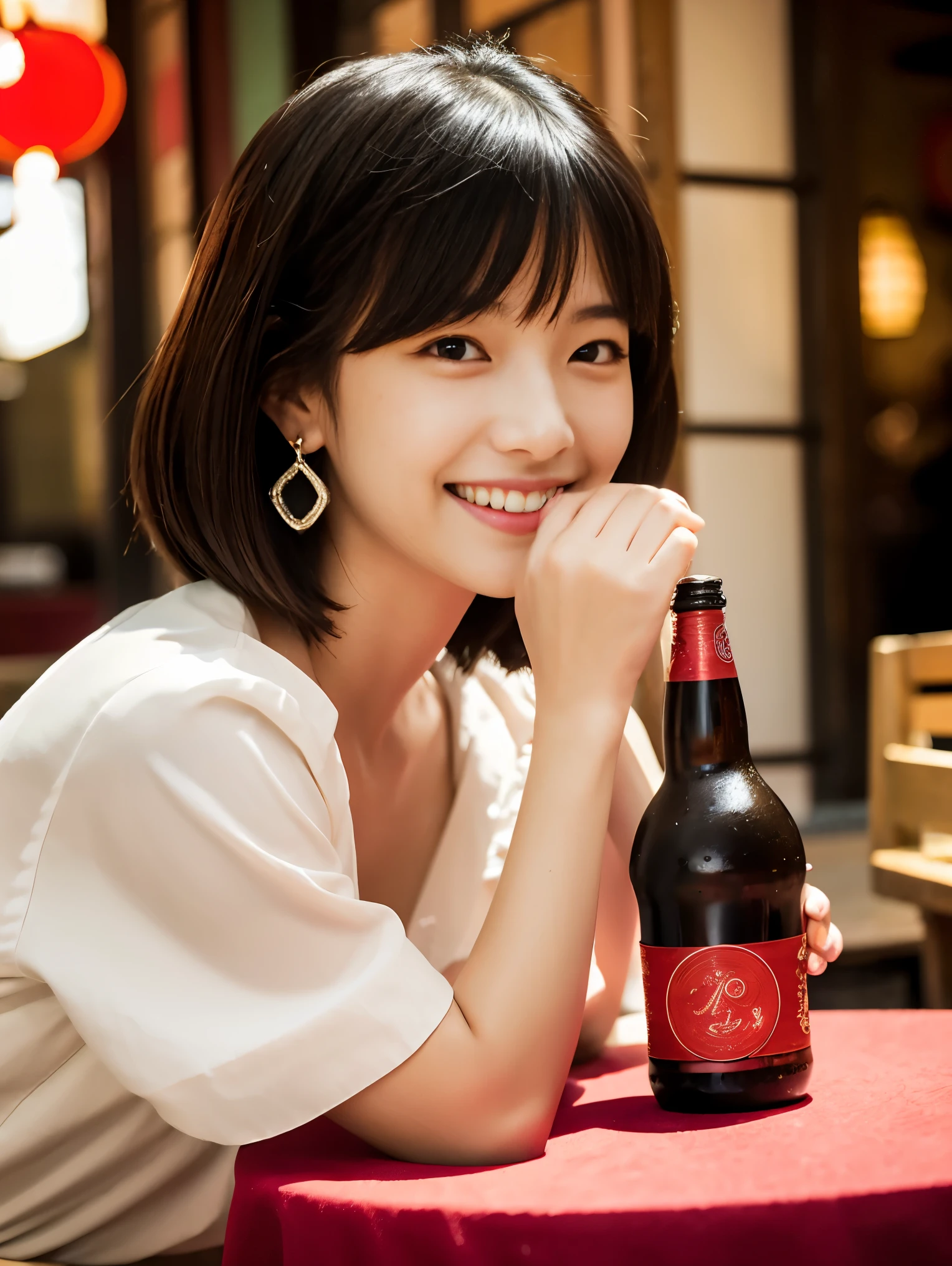 masterpiece、Japanese gravure idol、Red lantern、Yakitori restaurant、She sits across from the table、looking at the camera、A woman with short black hair is drinking a glass of beer across the table.、25 years old、mature woman、She is wearing a white dress shirt and a black tight skirt.、diamond earrings in ears、drink alcohol slowly、A happy smile、laughing out loud、Delicate skin feel、shiny hair、8K
