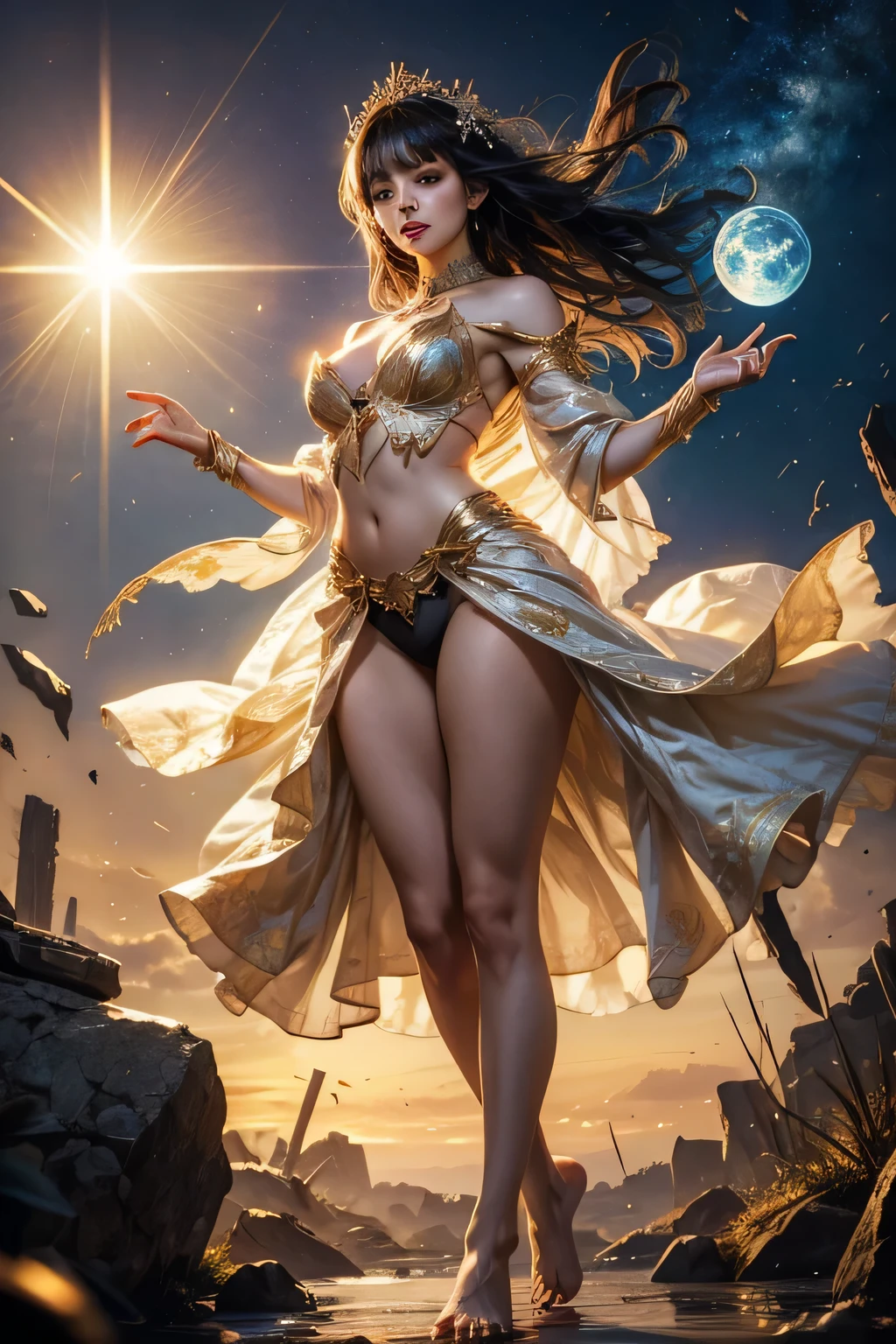 beautiful woman floating in the sky、clear eyes、no makeup、beautiful feet、high nose、intellectual beauty、The world in a dream、A glittering world、torn costume、In underwear、poor costume、Bright light shines、