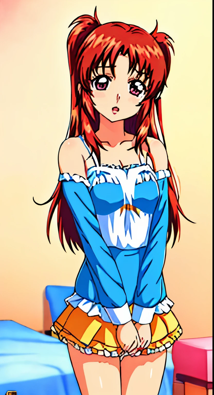 Twintail, red haired, 1girl, (grey eyes1.2), well toned, well built, muscled, toned muscles, (masterpiece), best quality, highres, solo, ribbon, blue ribbon, hair ribbon, suit, skirt, long sleeves, smiling, indoors, classroom background, standing, looking at the viewer, , (showing sweating naked pussy:1.5)、 sitting, spread legs unbuttoned uniform, lingerie, visible bra, lifted skirt, sweating, blushing, aroused, luquid dripping from her vagina, exhaling steamy air, (touching her pussy:1.2), fingering shlick masturbation