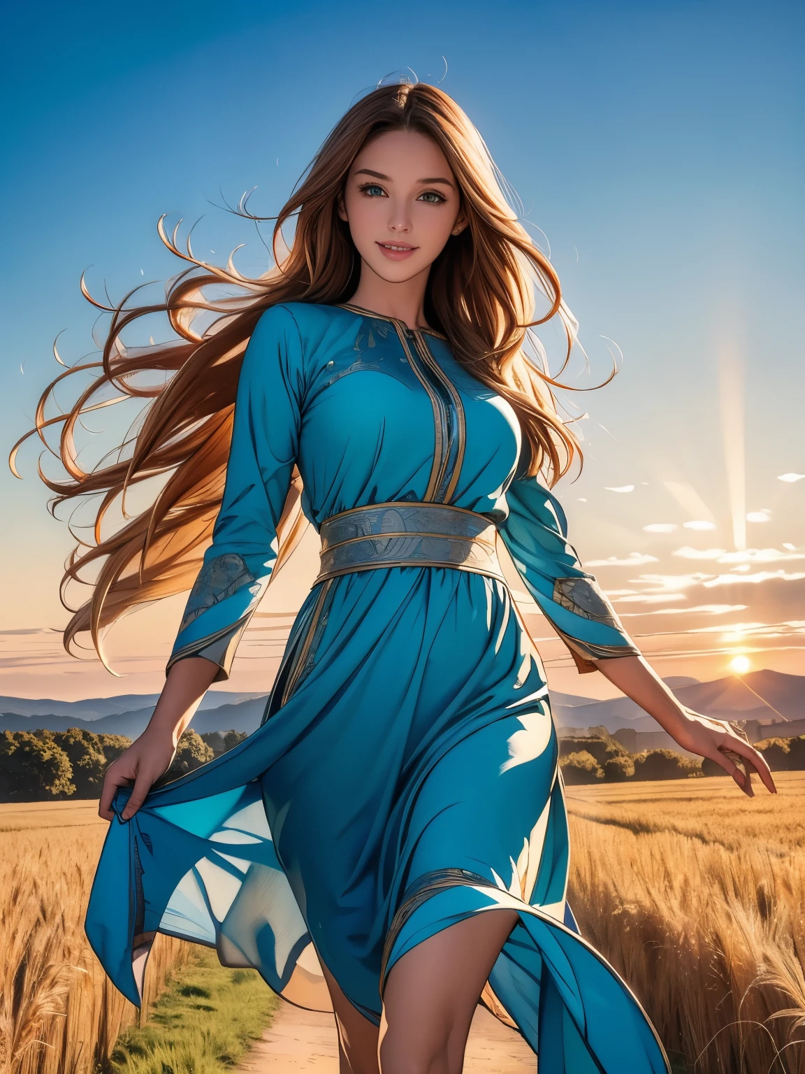 (best quality,4k,8k,highres,masterpiece:1.2),ultra-detailed,realistic:1.37,emerald eyes,beautiful detailed eyes,beautiful detailed lips,long eyelashes,1 girl,orange long hair,running,turning back,blue long dress,medieval,medieval costume,long sleeve sunset,backlit,figure in shadow,smiling,laughter,blue sky,wheat field in the background,standing in the distance,looking at the viewer,full-length