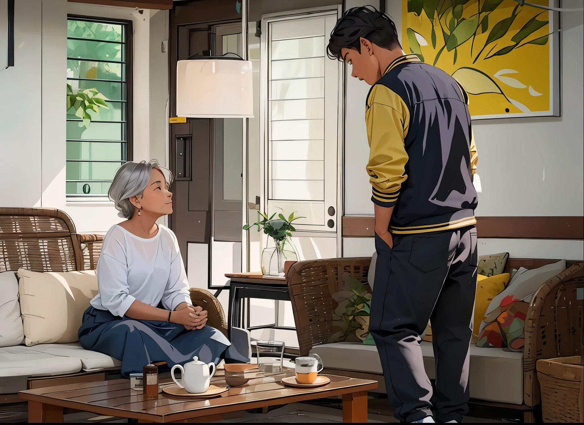 There is a 50-year-old woman sitting and a 15-year-old silver-haired boy comes to greet her., su casa es de color azul