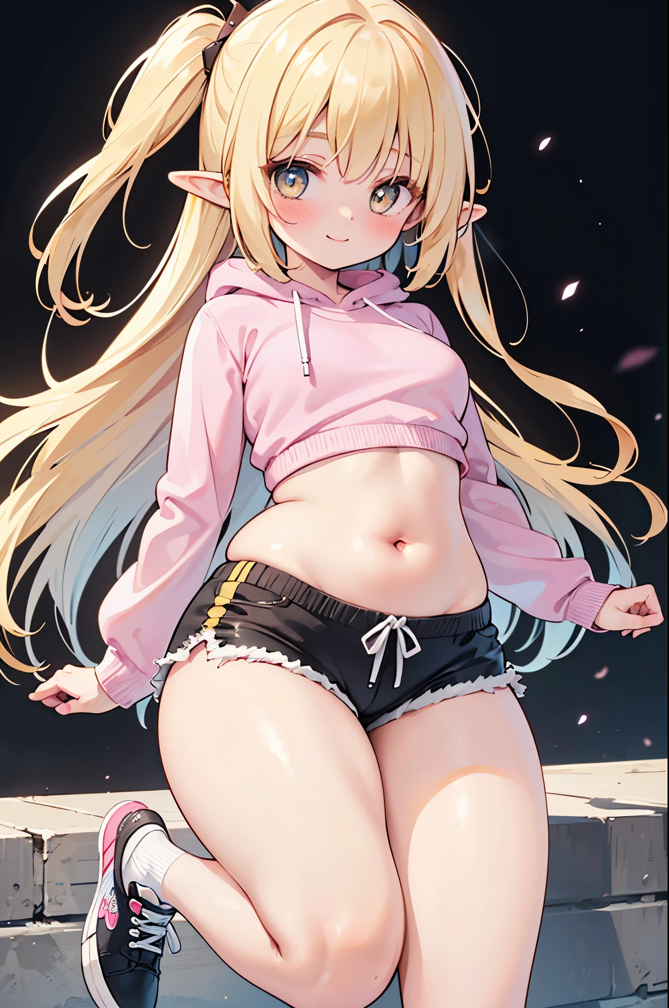 realistic image, coherent image, detailed image, 1 beautiful elf, She has long, silky, straight blonde hair, golden colored eyes, her face is oval and delicate, Blushing, smiling, She is wearing a sweatshirt, small shorts, sneakers moccasins, She has a curvaceous body, medium breasts, thick thighs, shy pose, black background