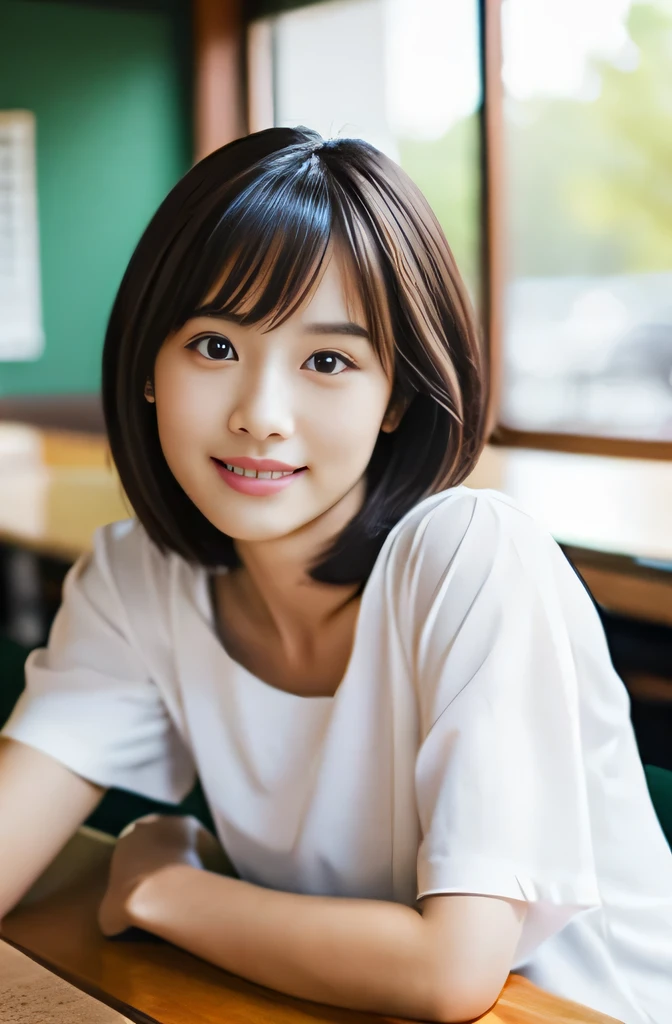 table top, highest quality, shape, Super detailed, finely, High resolution, 8k wallpaper, 完璧なダイナミックな構shape,Beautiful woman at 30 years old,sexy,Japanese、short cut hair、classroom、study
