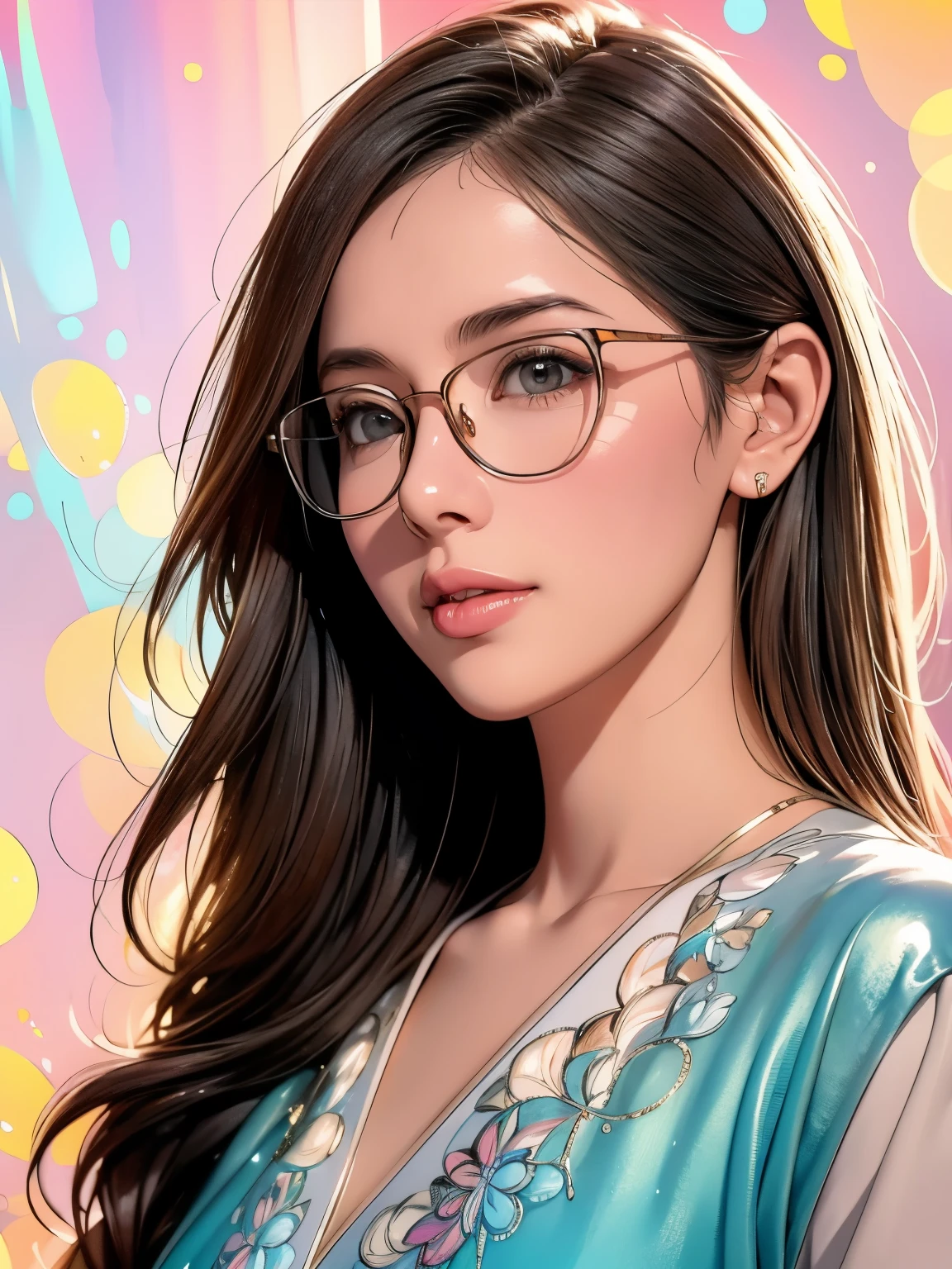 A woman wearing glasses, Agnes Cecil, glowing design, pastel colors, dripping ink, autumn light, illustration, high-quality and detailed, with a realistic and vivid touch, studio lighting, fine brush strokes, vibrant color palette, bokeh