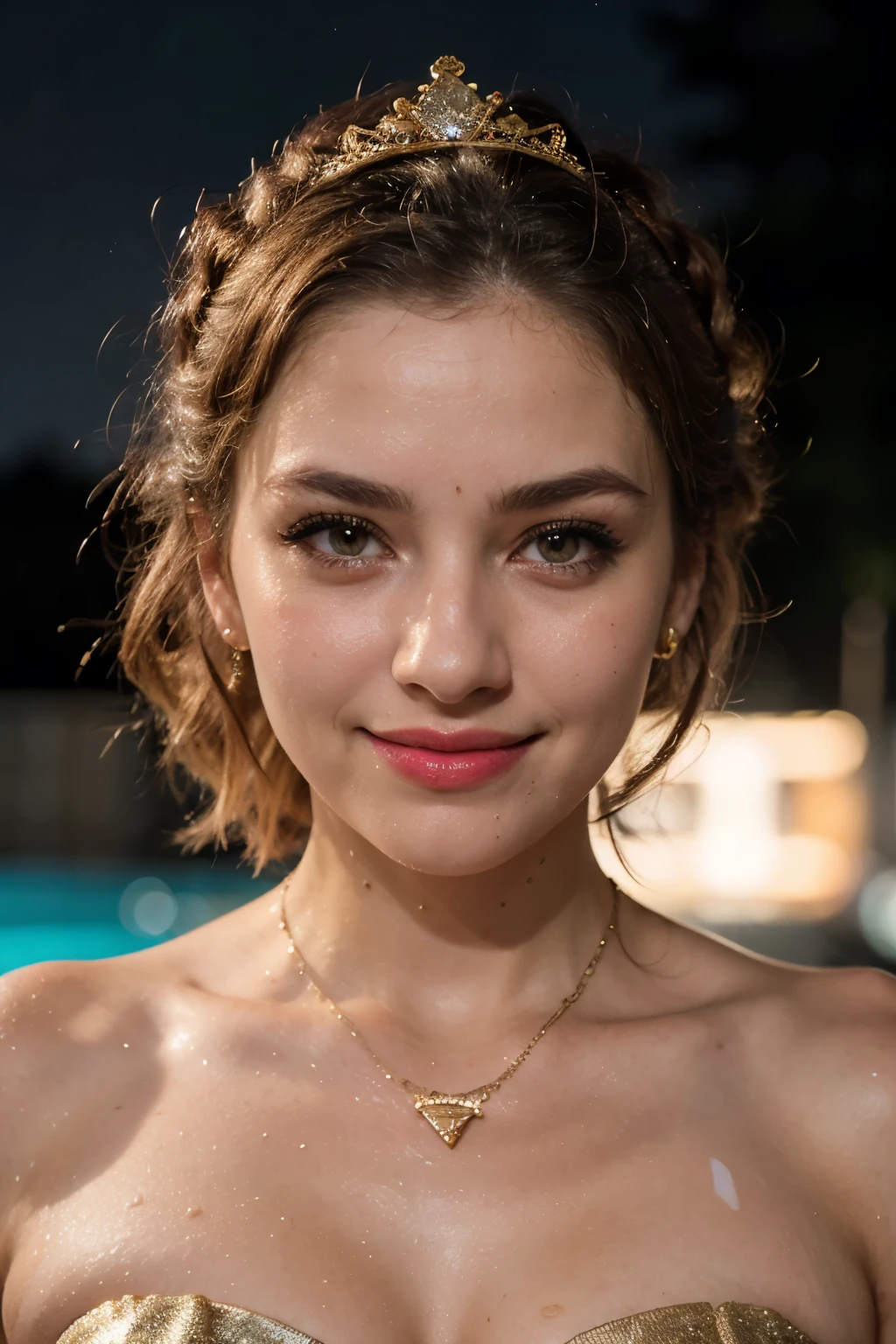 ((melhor qualidade)), ((obra de arte)), (detalhado), rosto perfeito,render,neon lights,makeup,egyptian eye liner,pink lipstick,red dust on cheeks,gold powder above eyes,wet hair,large smile,happy,diamond necklace,diamon crown,pool background,night,gold dress