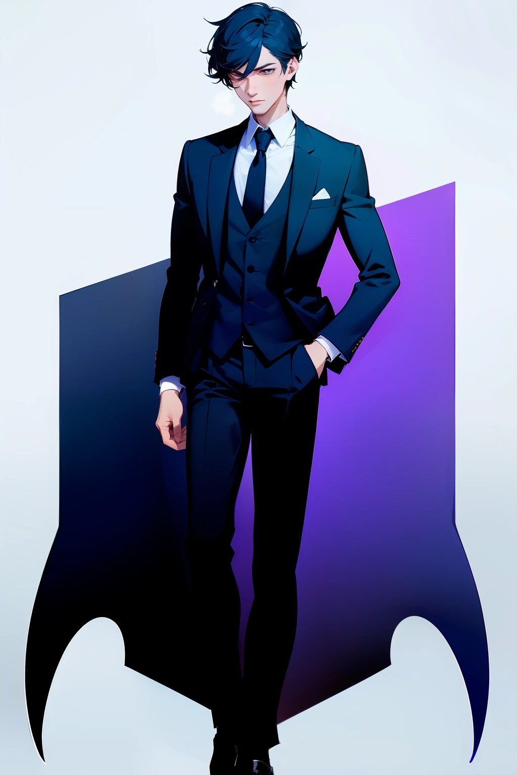 Man with black jas suit and blue shirt with black tie, black pants and white shoes