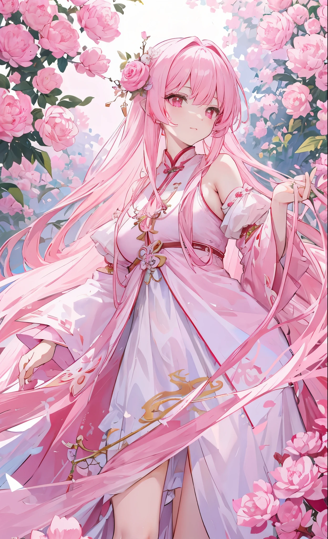Pink peonies for decoration,Long light pink hair,Dark pink and white clothes,Fairy Sister of Hehuan Sect,A crazy beauty who knows how to whip slaves!
