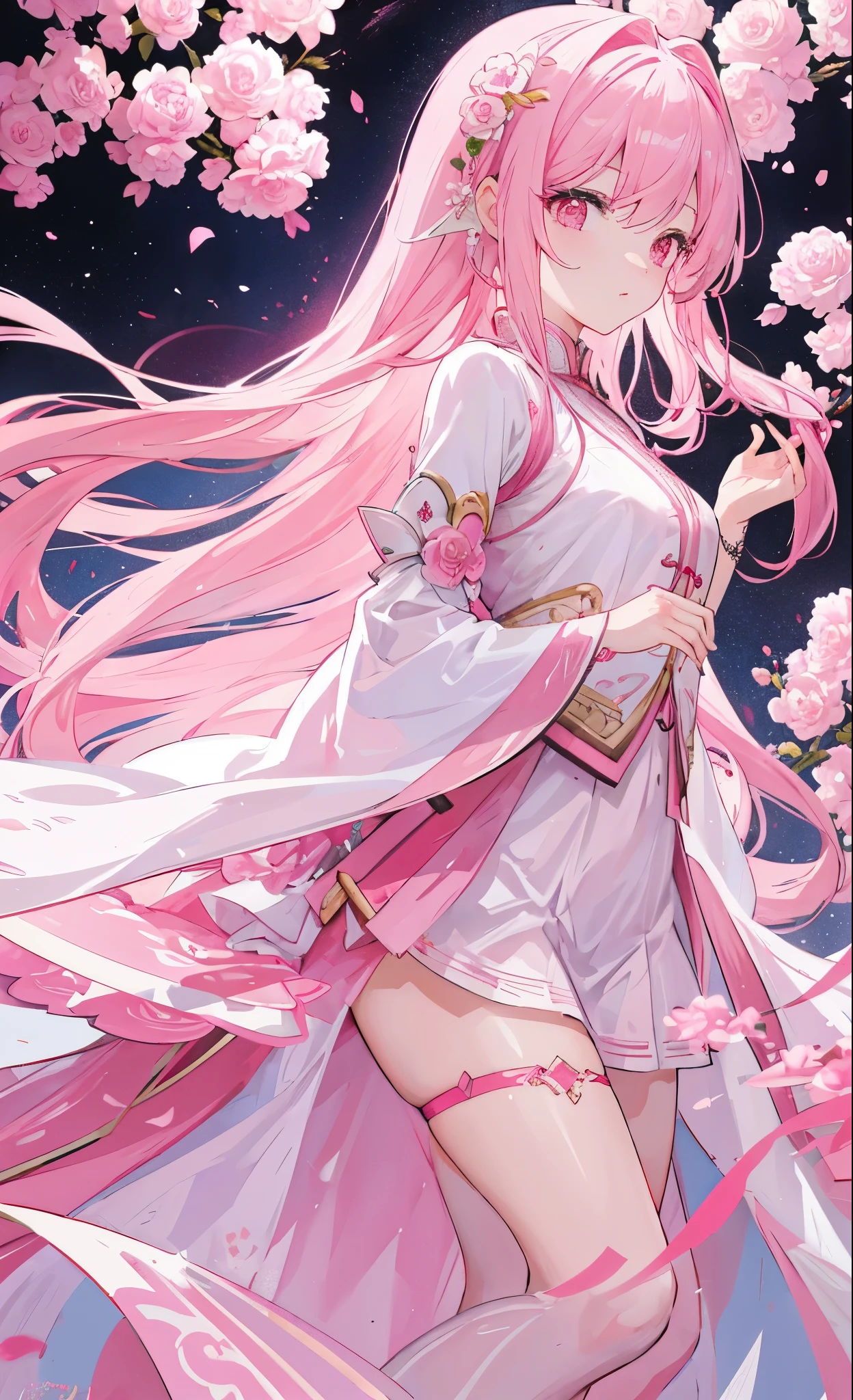 Pink peonies for decoration，Long light pink hair，Dark pink and white clothes，Fairy Sister of Hehuan Sect，A crazy beauty who knows how to whip slaves！