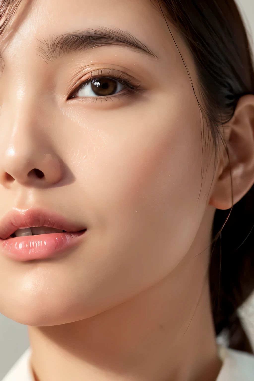 Professional medium close up shot, photograph of a beautiful 20 year old korean girl, (((detailed skin structure))), studio lighting, photorealism, shot on a Canon EOS R5, focal length 85mm, F16 aperture, bright background
