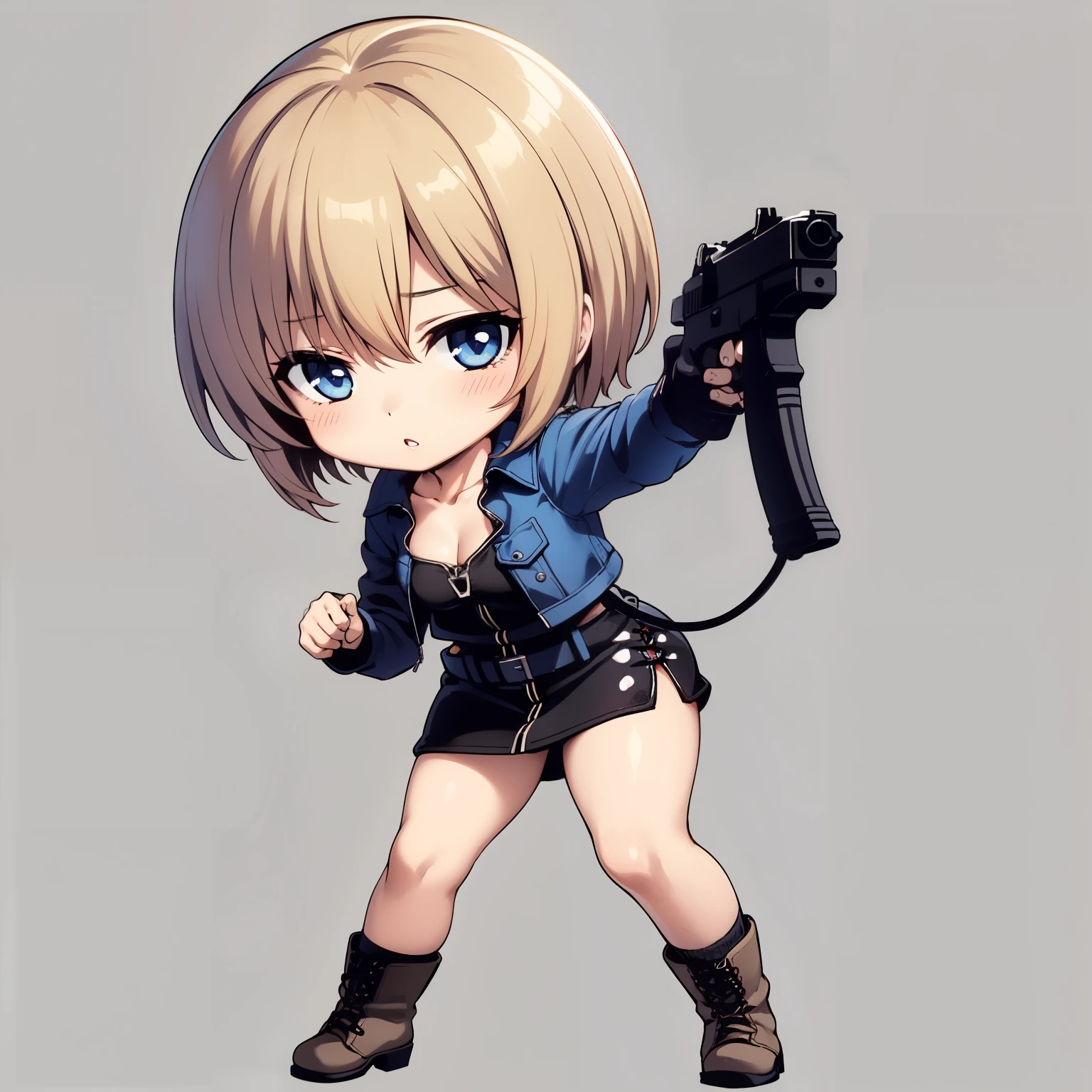 ((((chibi)))),(Best quality, 8k, UHD:1.2),ayabrea,1woman,solo,breasts,looking_at_viewer,blush,short_hair,blond hair,(thick thighs),bangs,blue_eyes,cleavage,medium_breasts,standing,collarbone, simple background,full_body,parted_lips,no bra,BREAK,(black over-the-calf socks:1.4), Wear with socks and boots,(socks stick out a little from my boots:1.5), mid size brown lace up boots,belt,(black) front ((zip)) mini dress,open_denim_jacket,thigh_strap,(leg holster),blue_denim_jacket, (holding a pistol),denim_jacket