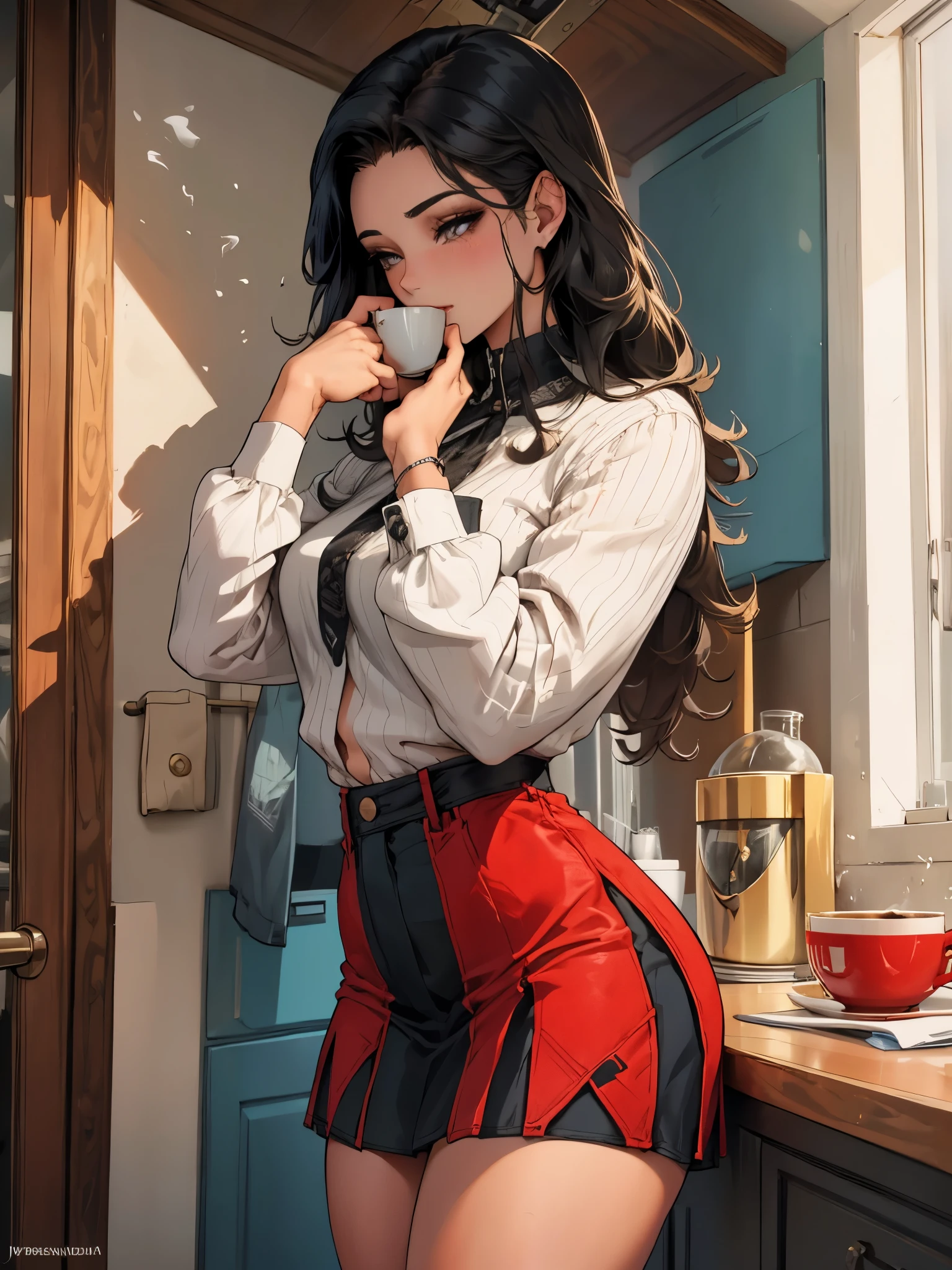 A MILF woman holding a cup of coffee blowing smoke at her face, in a silk headscarf, bras:1, dark red short skirt with black pattern, Black knee-length suede boots, propped up with brass on an office window