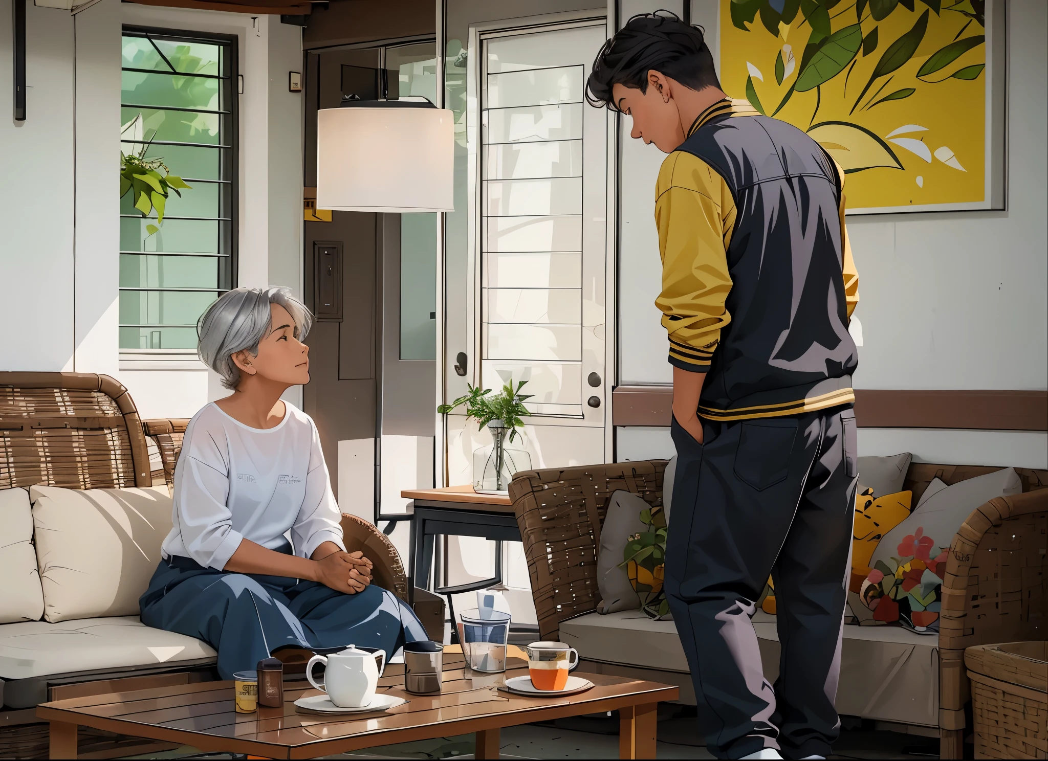 There is a 50-year-old woman sitting and a 15-year-old silver-haired boy comes to greet her., su casa es de color azul