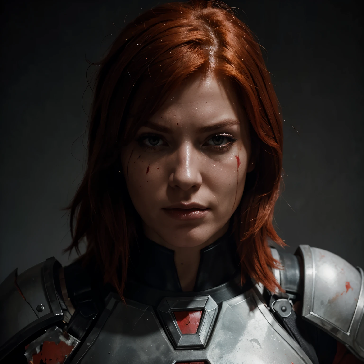 Red head femshep, damaged armor, up close portrait, glamor, bloody nose