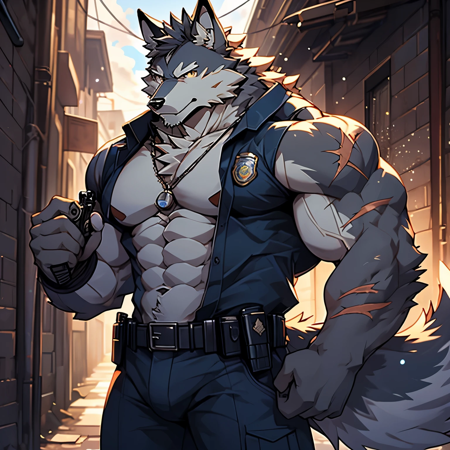 solo, kemono, (wolf), anthro (wolf), anthro, male, anthro male (wolf), anthro (wolf), tail,muscles, handsome, police uniform, bulge, big abs, cloudy, alley, depth of field, perfect lighting, (light particles),(best quality),(masterpiece),(ultra detailed),sharp focus, light particles, strong, serious, rippled muscles, ultradetailed face, ultradetailed eyes, looking at viewer, good looking, bareness, ((detailed face)), holding a pistol, holding a gun, gun, pistol, big pecs, topless, scars,