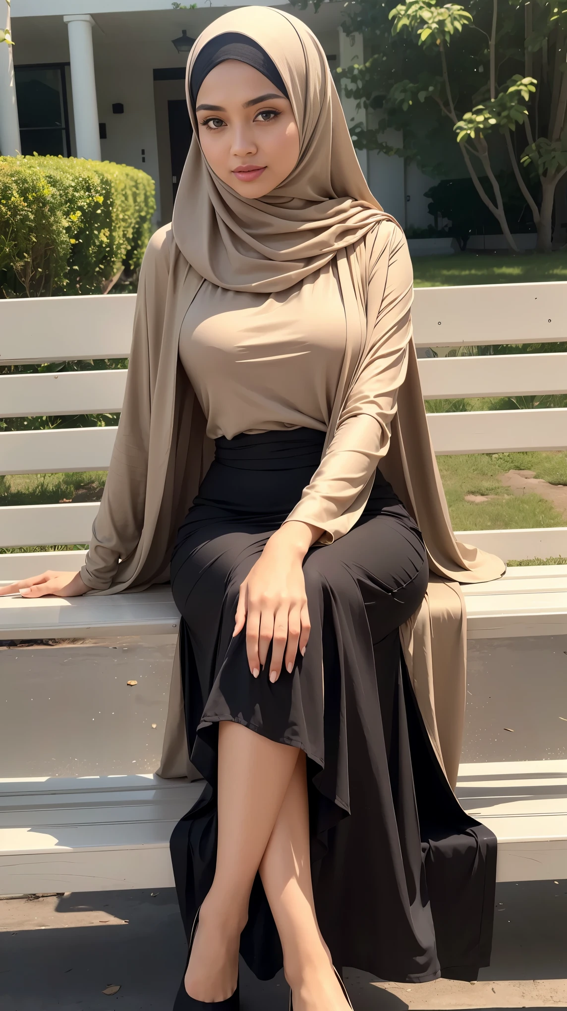 (Close Up),RAW, Best quality, high resolution, masterpiece: 1.3), beautiful Malay woman in hijab,Masterpiece, perfect slim fit body,small breast, big gorgeous eyes, Soft smile,beautiful face,thick thighs, woman sitting on a bench wearing a light beige dress and a black purse, simple dress, olive beige, beige dress with a black hood, soft silk dress, long dress female, stylish dress, modest flowing gown, long dress, sophisticated dress, she wears a dark beige dress, olive, flowing dress, hijab, beautiful silky dress, full covered dress, Excellent lighting, Bright colors, Clean lines