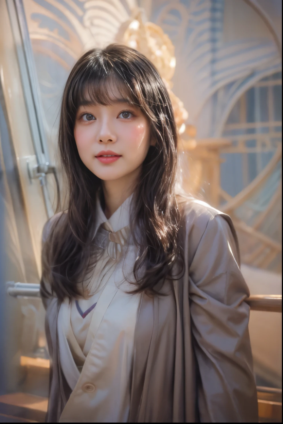 masterpiece、highest quality、cinema、(Detailed both eyes)、(cute japanese woman、bangs:1.3)、23 years old、2 girls、elegant、black hair、(auraroid photo:1.2)、(big smile)
