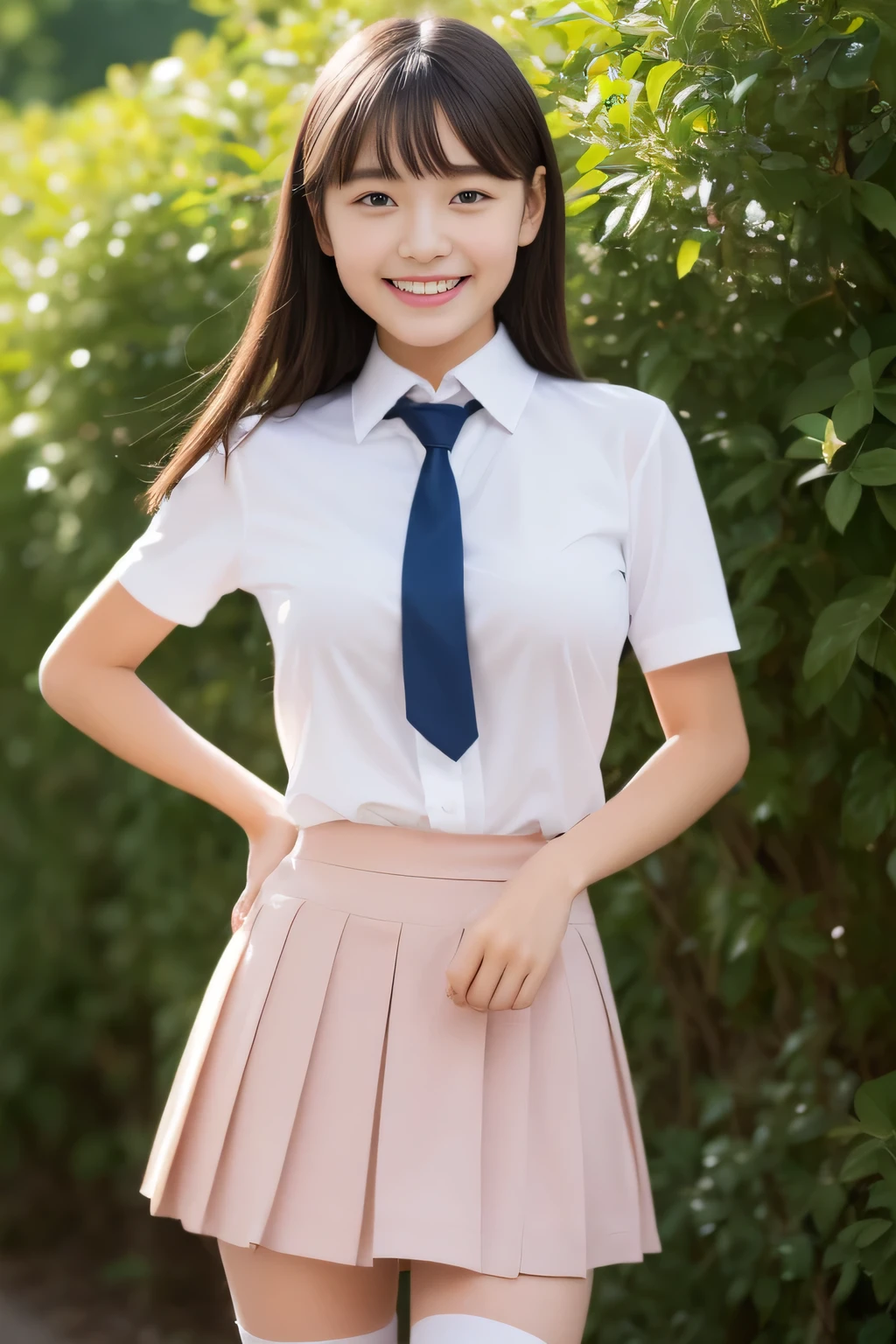 (((32k,advanced details,advanced details、masterpiece,attention to detail,Full body Esbian,,alone))),RAW photo & realistic atmosphere,Finely drawn eyes on soft white skin that shines in detail,best designed high school uniforms, Surreal and very cute high school girl, , japanese girl uniform, Japanese high school girl uniform, Red Ribbon Tie,beautiful and muscular:1.4,17 year old ,blush,17 year old girl,natural soft light、lightly dressed,brown shiny hair,mini skirt,(black stockings:1.5,White short-sleeved shirt looks wet and see-through,summer clothes,beautiful friendly eyes,look at the camera:1.5),(((thick and smooth legs:1.6,exposed thighs,Raise the skirt to the limit,Taken around the middle of the thigh,smile gently,big and full breasts:1.4)))
