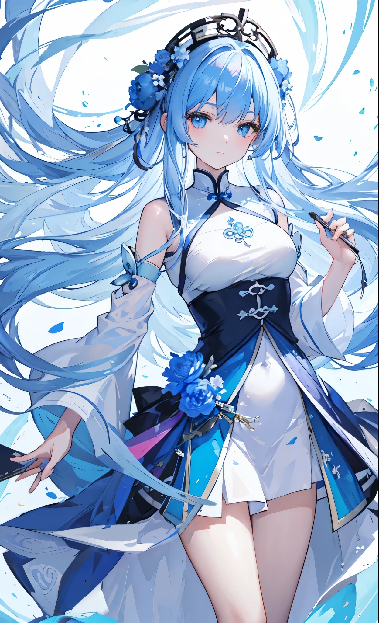 Glowing blue butterfly,Blue cheongsam,1girll,blue colors,Long white hair, Masterpiece, Best quality,A high resolution,Detail enhancement,best qualtiy,Perfect image quality,Cool and elegant,Beautiful and gentle