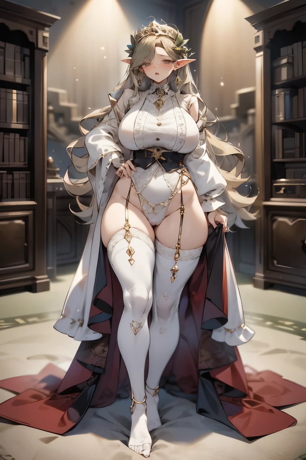 busty anime girl forest elf, milf, mommy, soft and adorable body and face, innocent and kindhearted goddess of beauty venus, wearing lightweight loose pajamas underneath the robe, using summoning magic, character design, full body, concept art, pokemon trainer