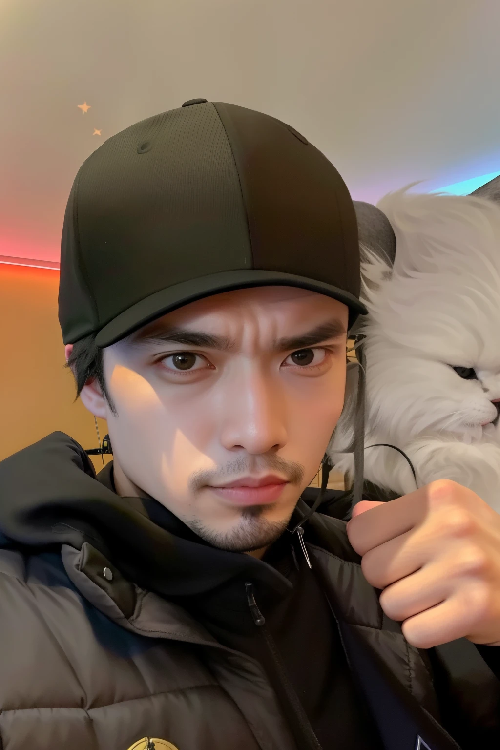 sharp man in jacket holding twitch streamer / jogador ludwig, in the style of sifu